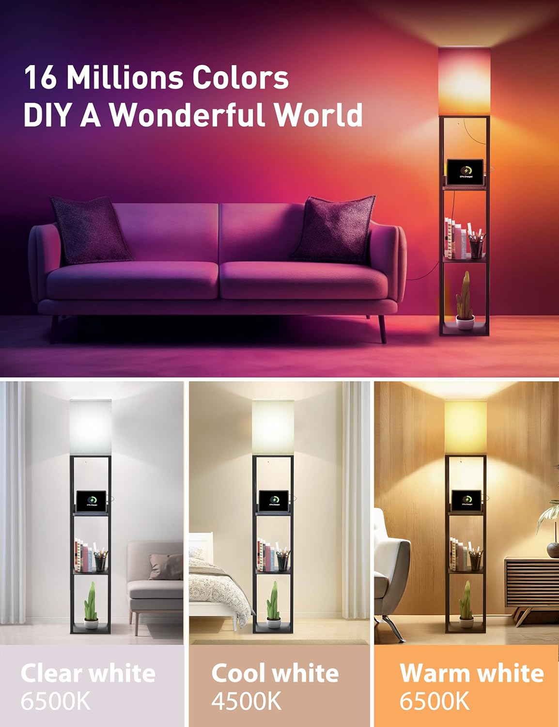 Floor Lamp with Shelves, Smart RGB Floor Lamps Work, with 2 USB Ports & 1 AC Output, Modern 4-Tier Lamp for Display Storage