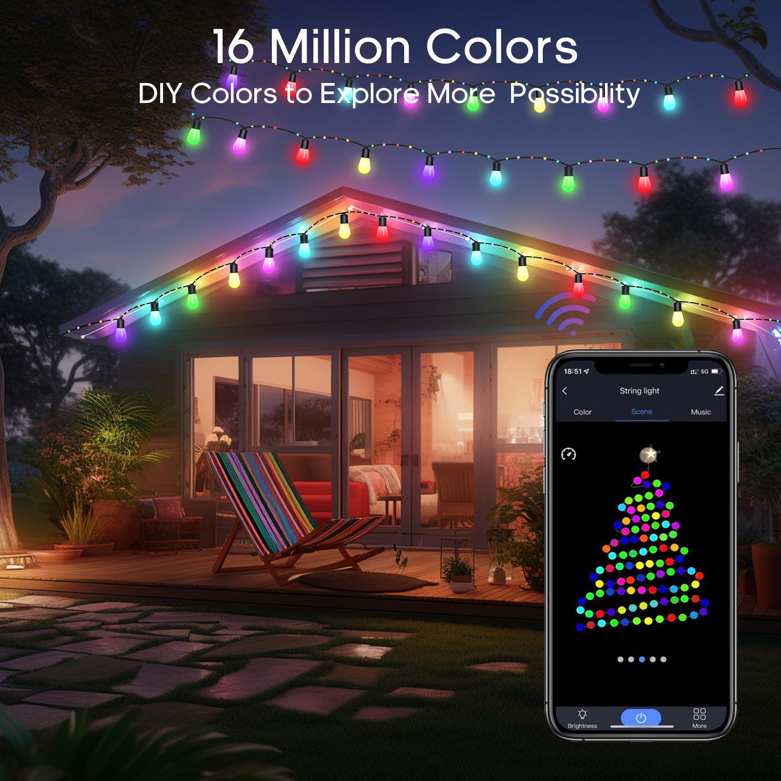 TaoTronics Smart LED Outdoor String Lights NB-OL010 50ft RGB Warm White LED Bulbs