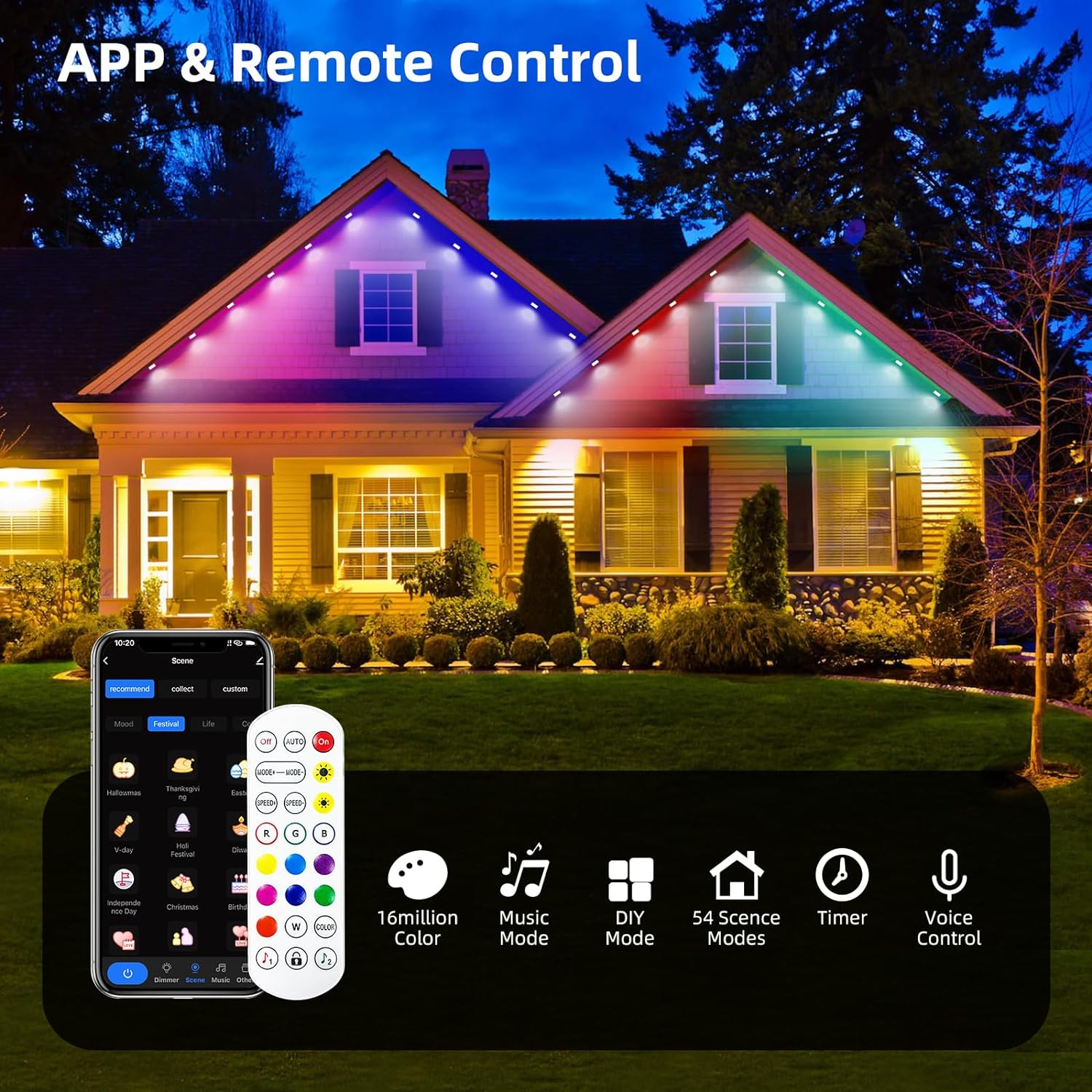 Outdoor String Lights with Smart RGB+IC, New Year Lights with 54 Scene Modes