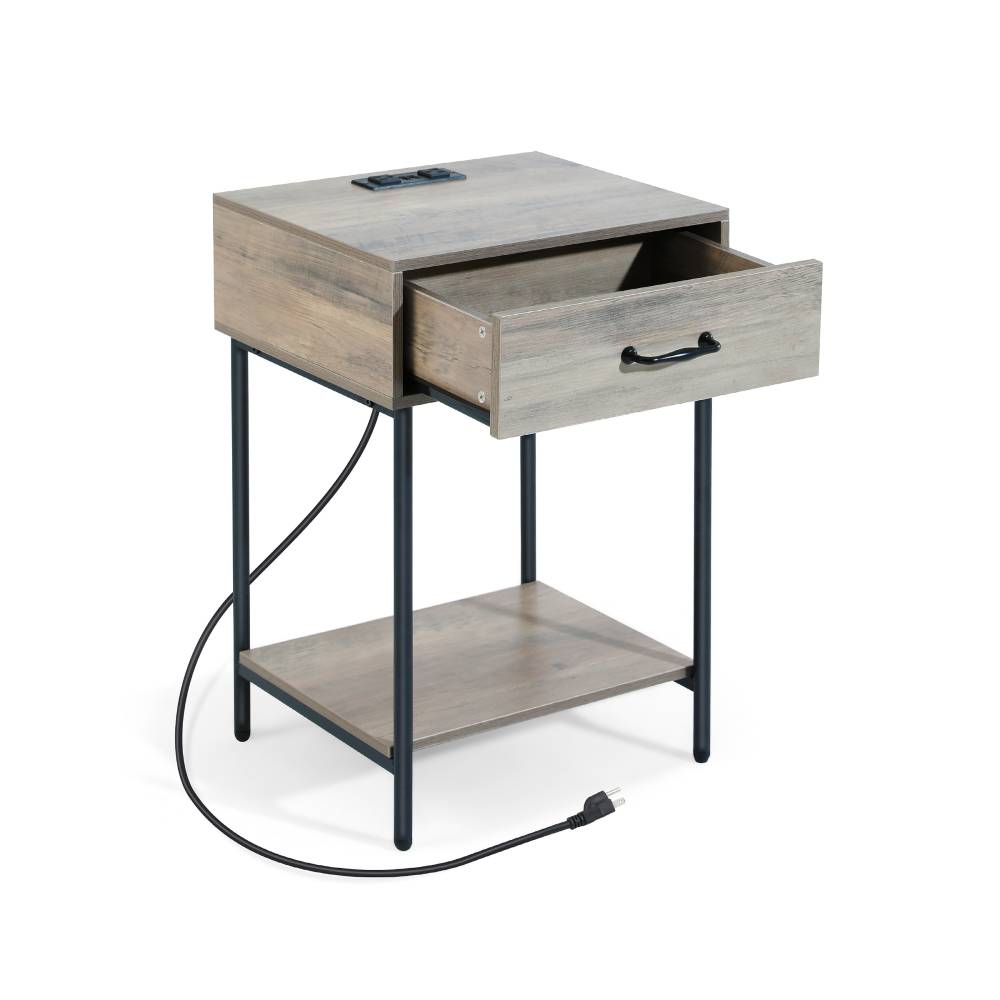 Nightstand with Charging Station, Rustic Wooden Side Table for Bedroom