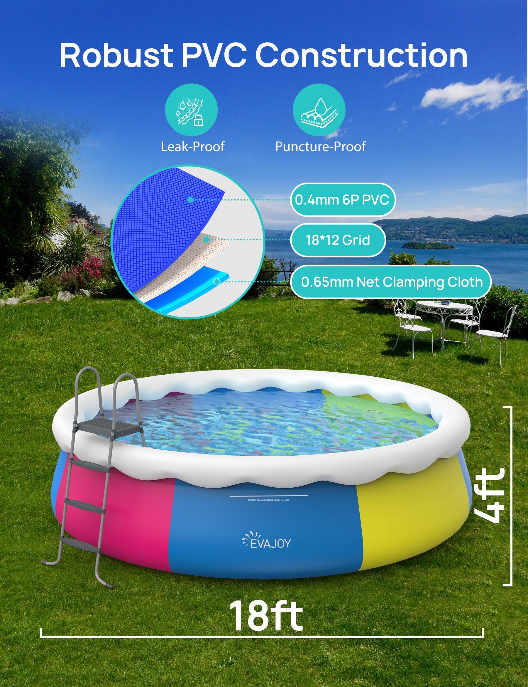 Evajoy Inflatable Swimming Pool, 18ft*48in Inflatable Top Ring Pool with Pool Cover WM