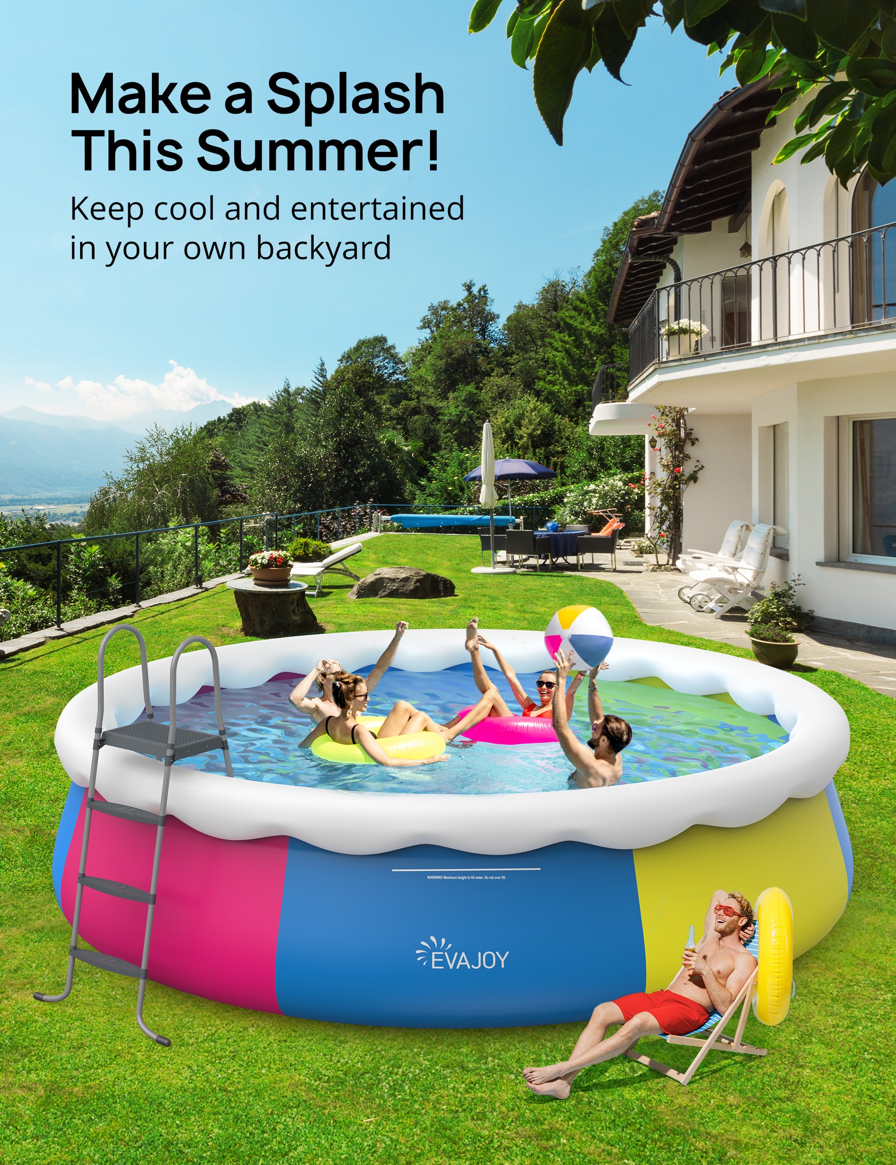 Evajoy Inflatable Swimming Pool, 18ft*48in Inflatable Top Ring Pool with Pool Cover