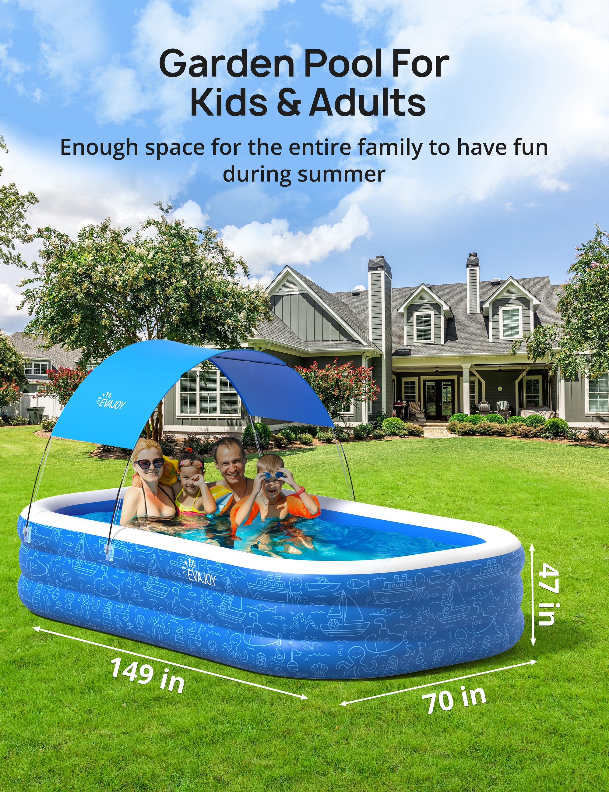 Large Inflatable Swimming Pool with Canopy, 150” x 70” x 20” Full-Sized Inflatable Pool for Kids & Adults WM-