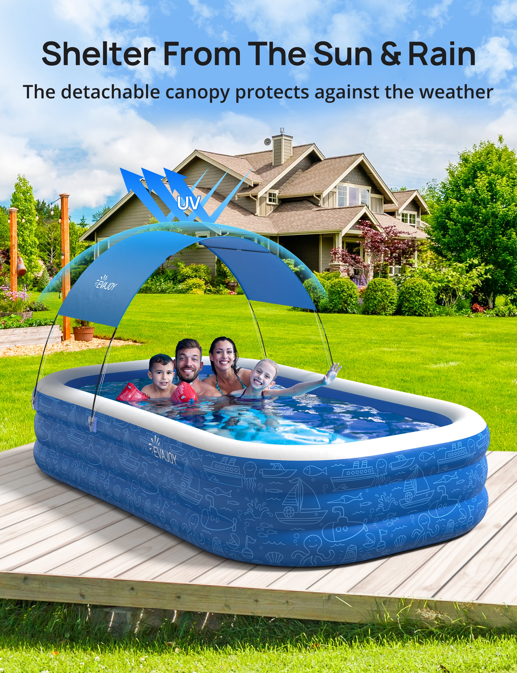Large Inflatable Swimming Pool with Canopy, 150” x 70” x 20” Full-Sized Inflatable Pool for Kids & Adults WM-