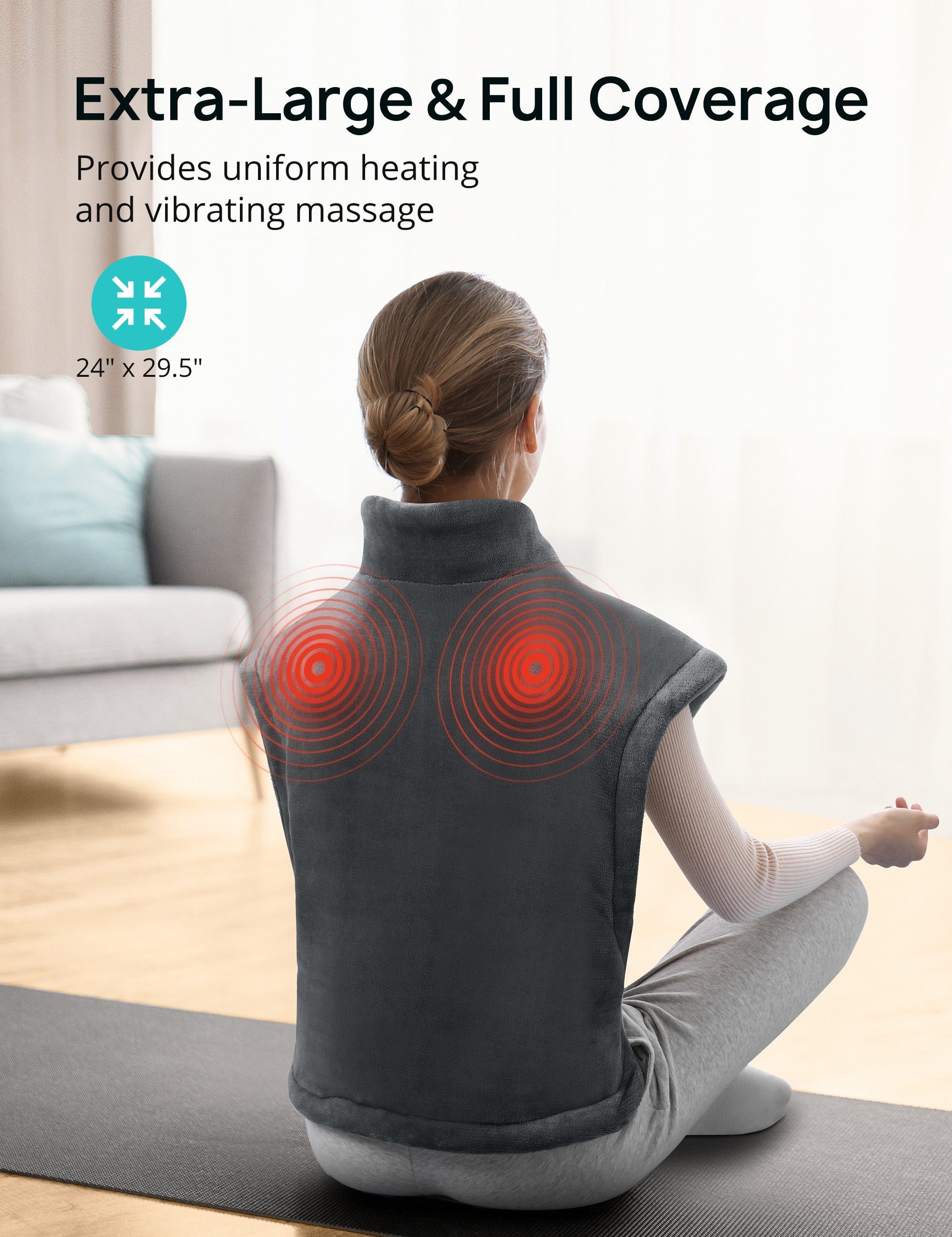 Heating Pad for Back Pain Relief, 24" x 29.5" Large Size Electric Heating Pad for Neck, Back, Shoulders with 3 Heat Levels, 6 Massage Settings, 2H Auto Shut-Off, Gray WM