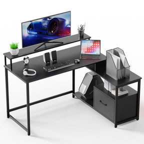 Evajoy Home Office Computer Desk with File Drawer, LED Strip, Ergonomic L-Shaped Gaming Desk