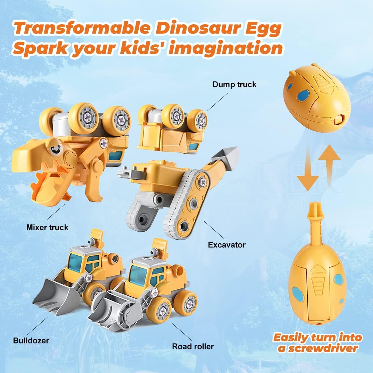 KATTUN 5 in 1 Take Apart Dinosaur Toys, 5 Construction Vehicles Transform into a Big Dinosaur Robot Toys