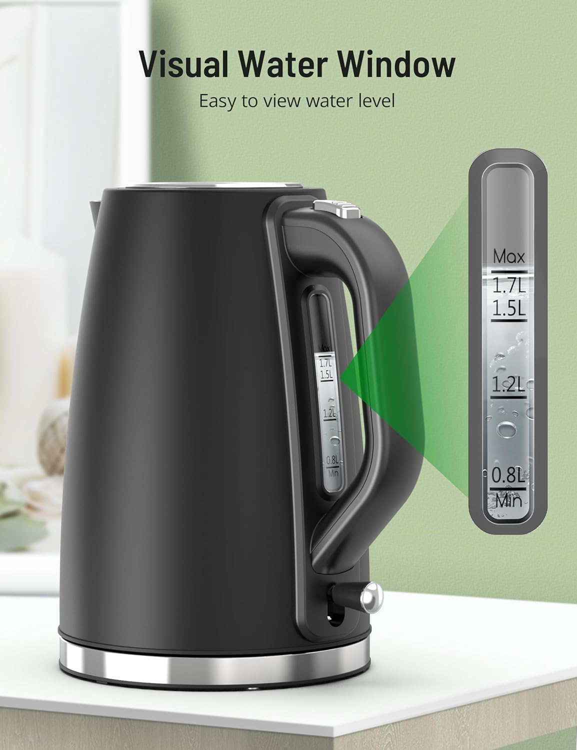 1.7L/1500W Fast Boiling Stainless Steel Electric Tea Kettle Cordless Water  Boiler(Space Gery)