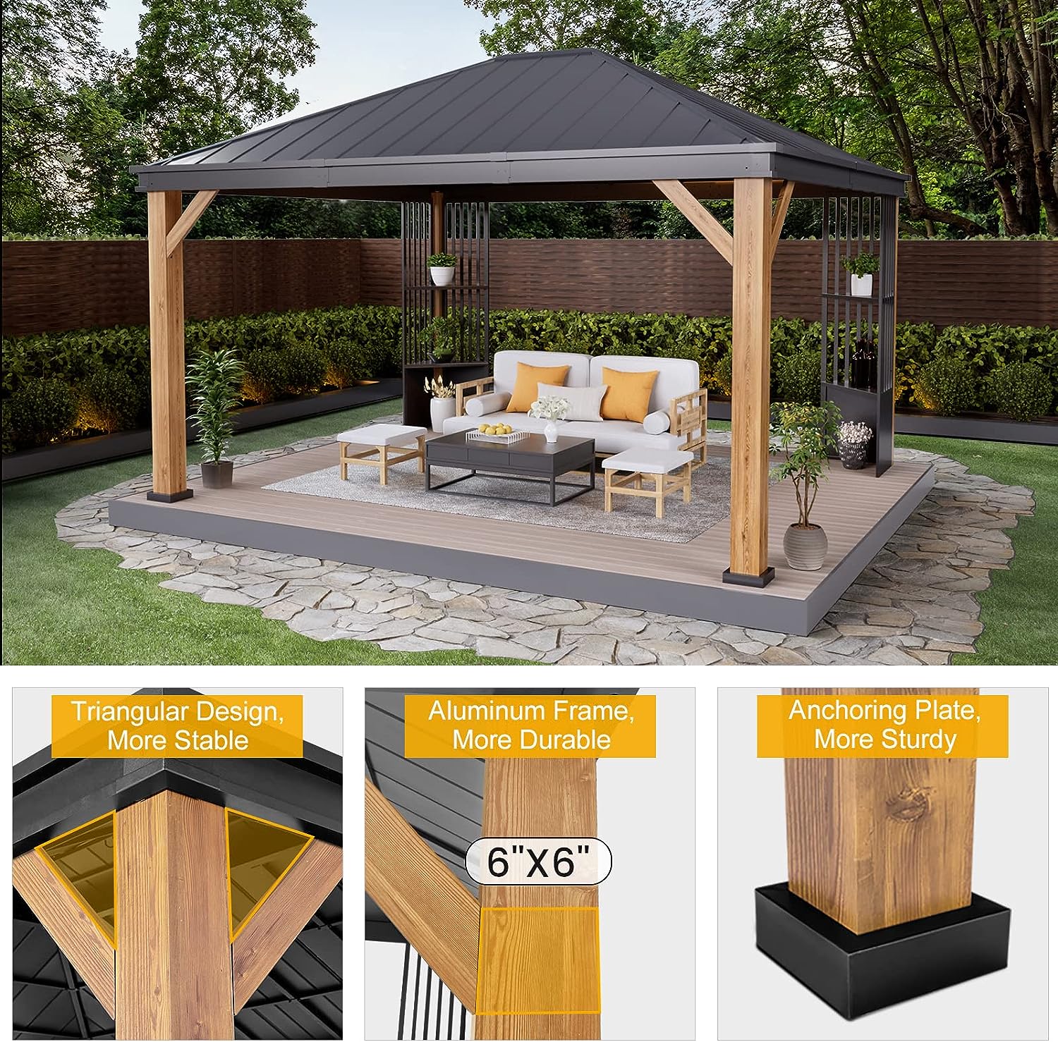 OLILAWN Gazebo 12x14, Hardtop Gazebo with Wood Finish Aluminum Frame