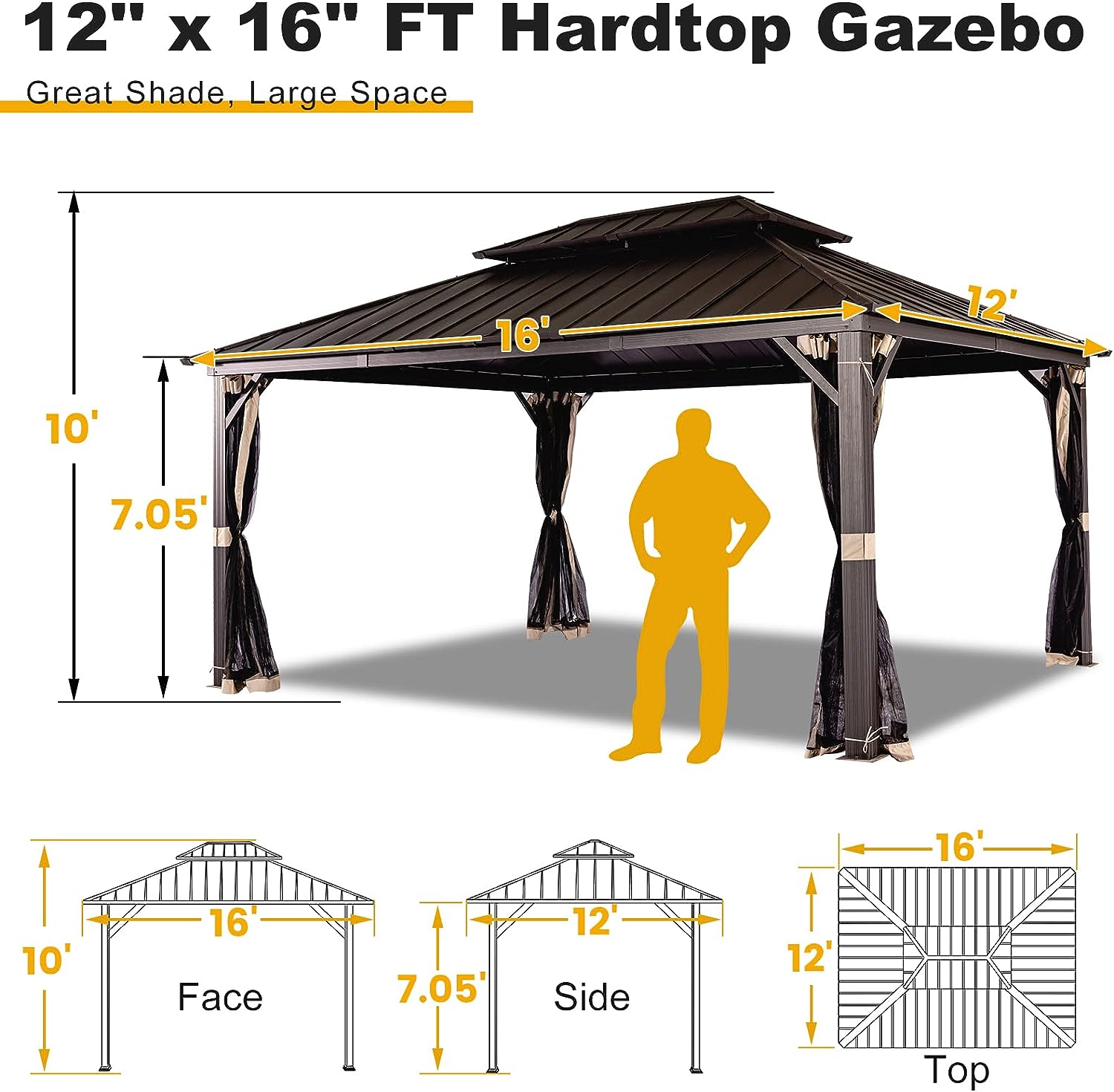 OLILAWN Gazebo 12x16, Hardtop Gazebo with Wood Finish Aluminum Frame