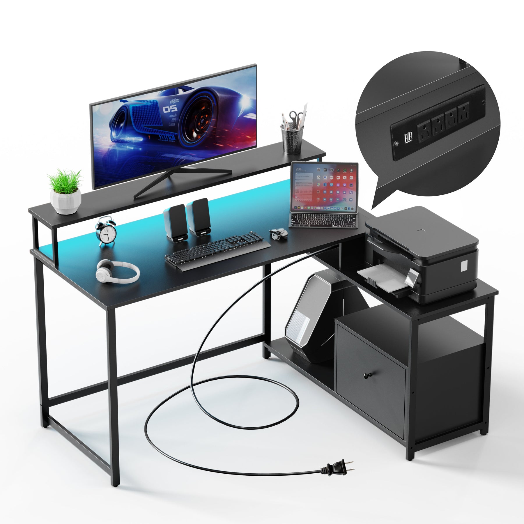 EVAJOY Home Office Computer Desk with File Drawer, LED Strip, Ergonomic L-Shaped Gaming Desk