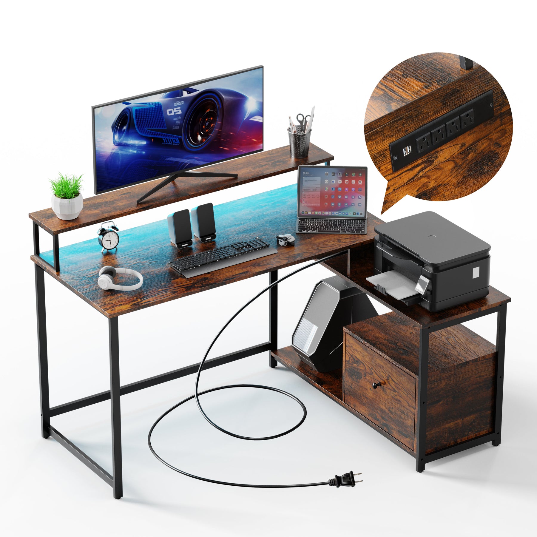 Home Office Computer Desk with File Drawer, LED Strip, Ergonomic L-Shaped Gaming Desk