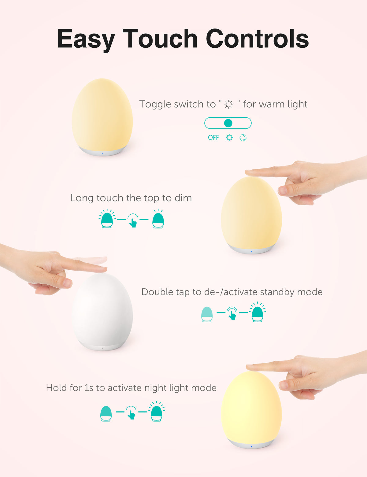 WM TaoTronics Night Light, Egg Light for Nursery with 7 RGB Colors Changeable & Stepless Dimming, Rechargeable Tap Light with 1h Timer & Touch Control, Portable Night Light for Babies BPA Free