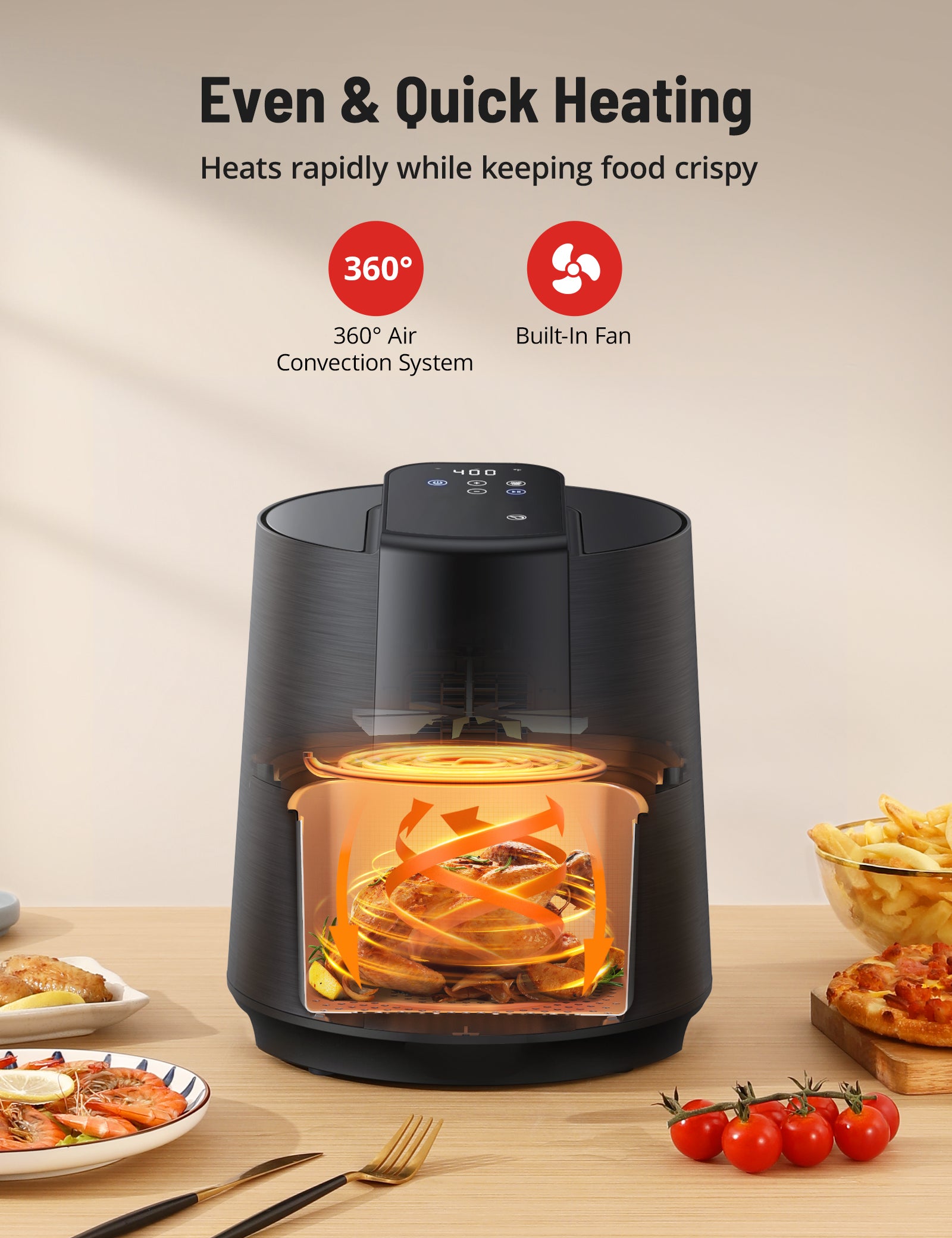 TaoTronics Air Fryer AF005, 4-Quart Oil-less Cooker, Free Cooker with Touch Screen, Detachable Basket, Guided Cooking