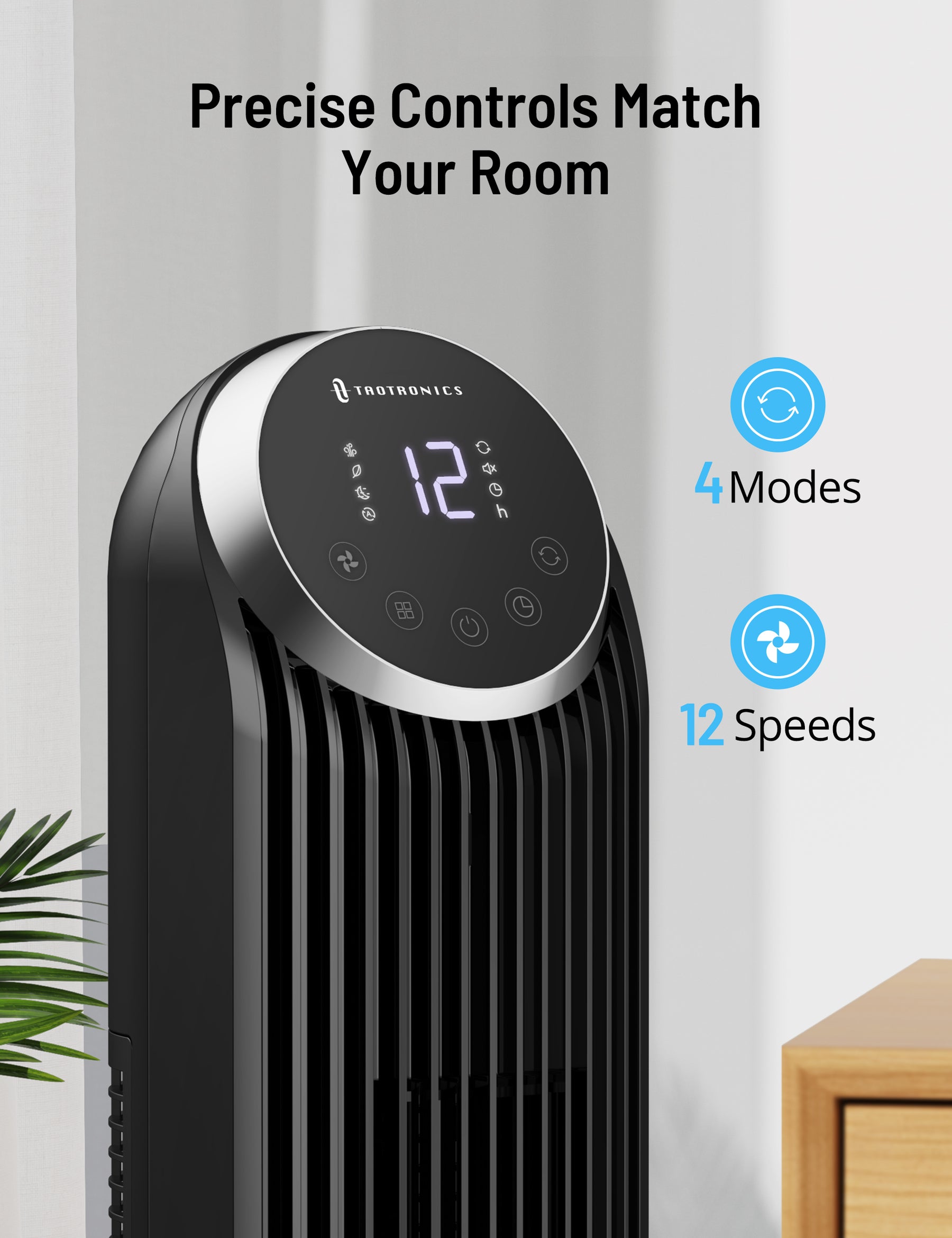 TaoTronics 42in Tower Fan, 120° Oscillating Fan, 12 Speeds, 4 Modes, Standing Fan with Remote for Bedroom