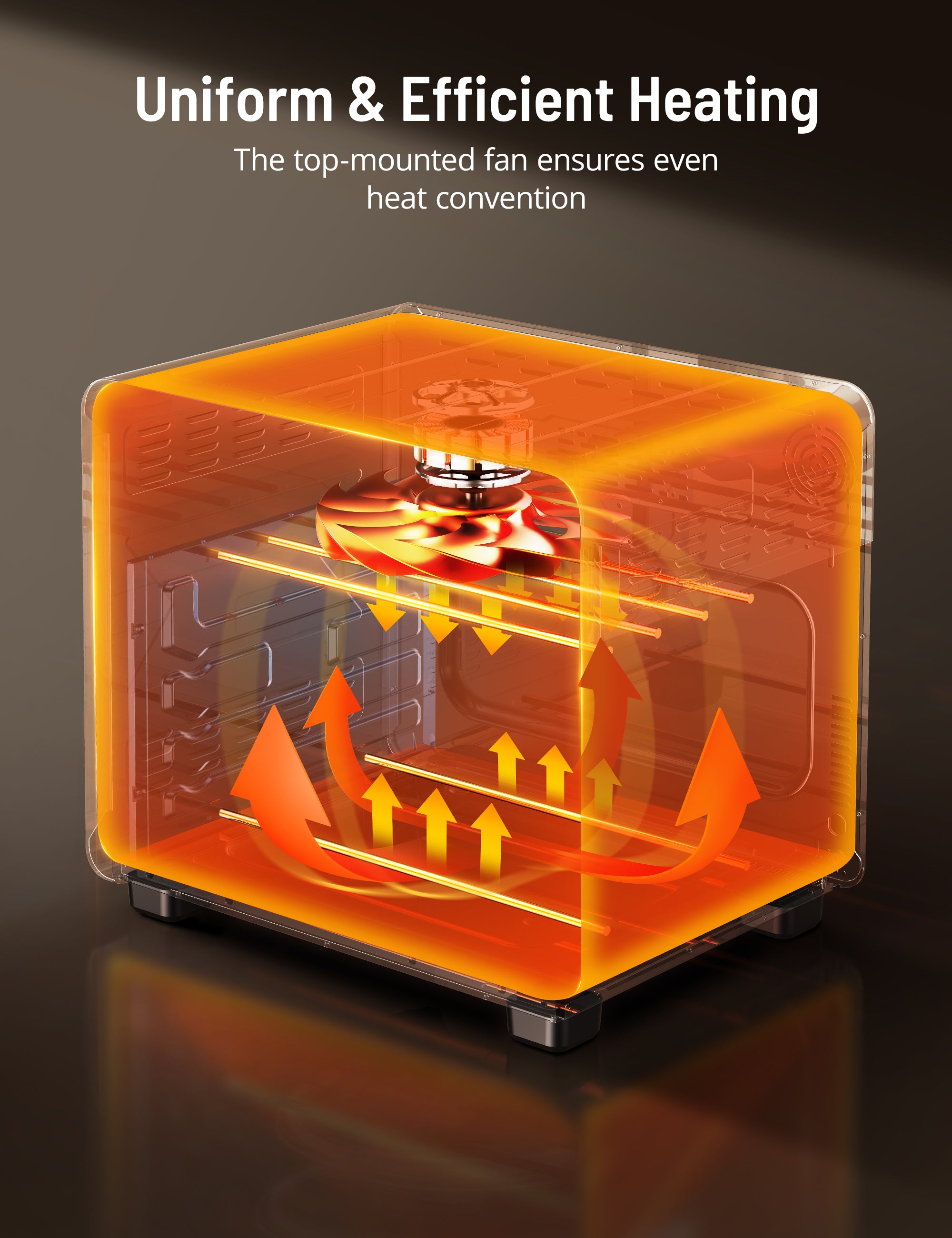 Uniform Efficient Heating The top-mounted fan ensures even heat convention