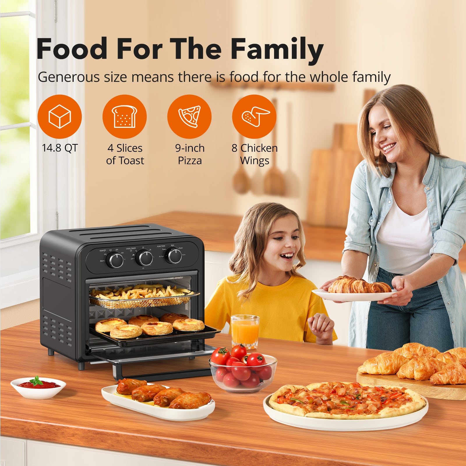 Air Fryer, 1700W 14.8 QT, 5 in 1 Toaster Oven Countertop, Oil-Less Cooking, Stainless Steel, Dishwasher safe, Black