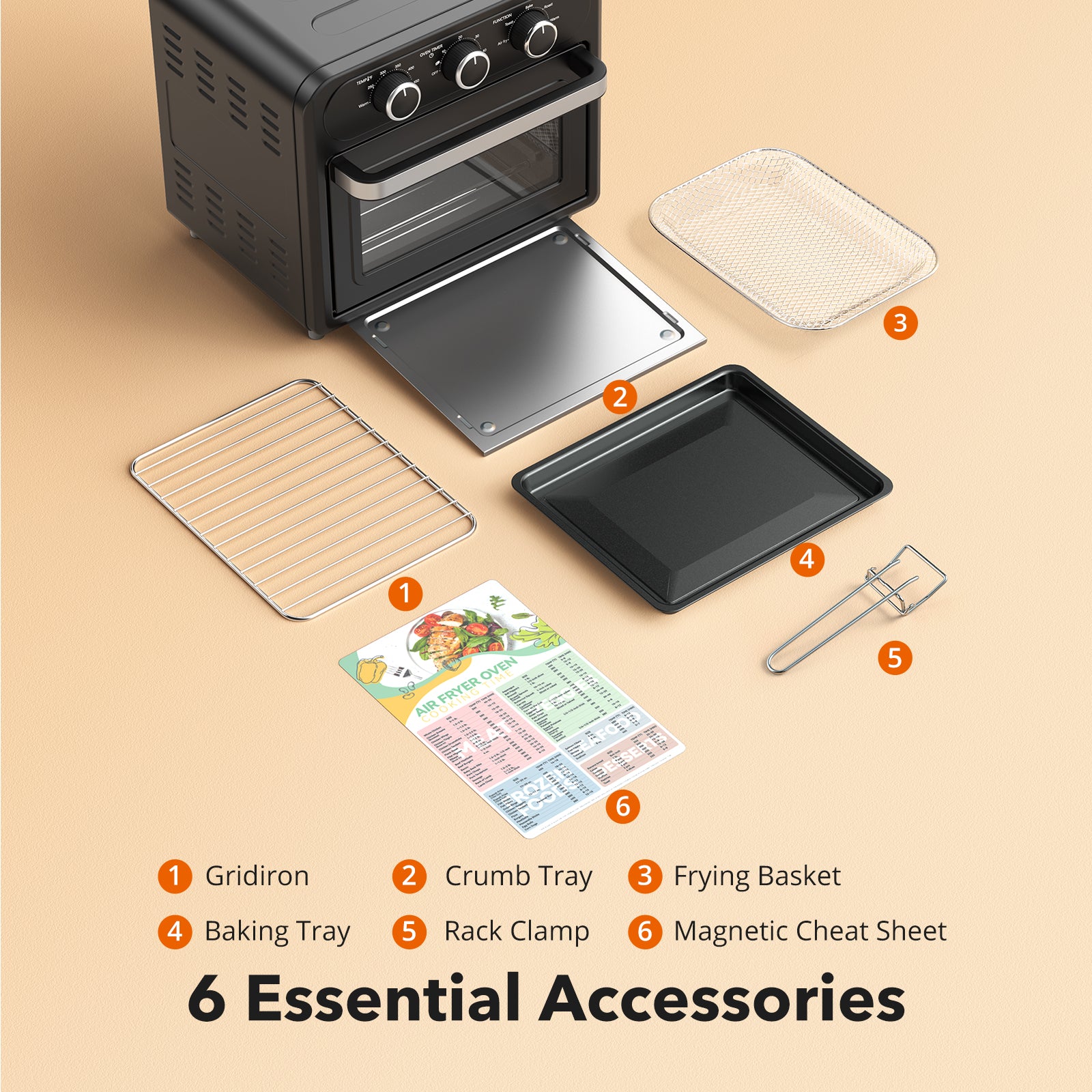 Air Fryer, 1700W 14.8 QT, 5 in 1 Toaster Oven Countertop, Oil-Less Cooking, Stainless Steel, Dishwasher safe, Black