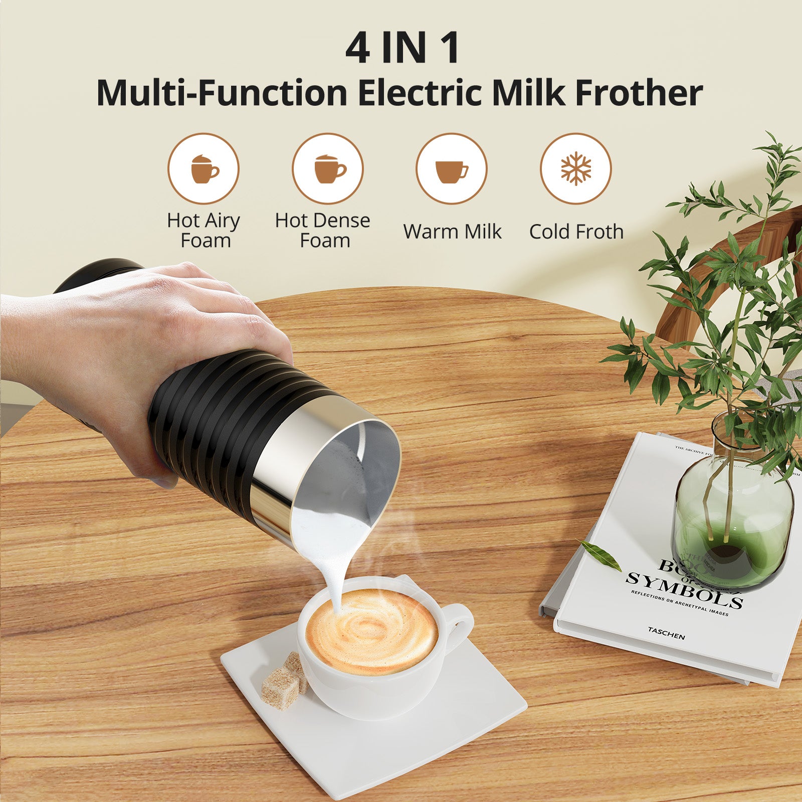 Milk Frother, 4-in-1 Milk Frother and Steamer, Hot & Cold Foam Maker with Silent Operation & Auto Shut-off