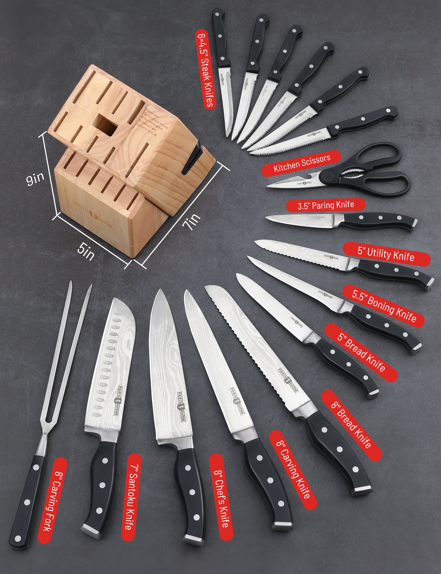 Kitchen Knife Set, 16-Piece Knife Set with Built-in Sharpener and Wooden  Bloc