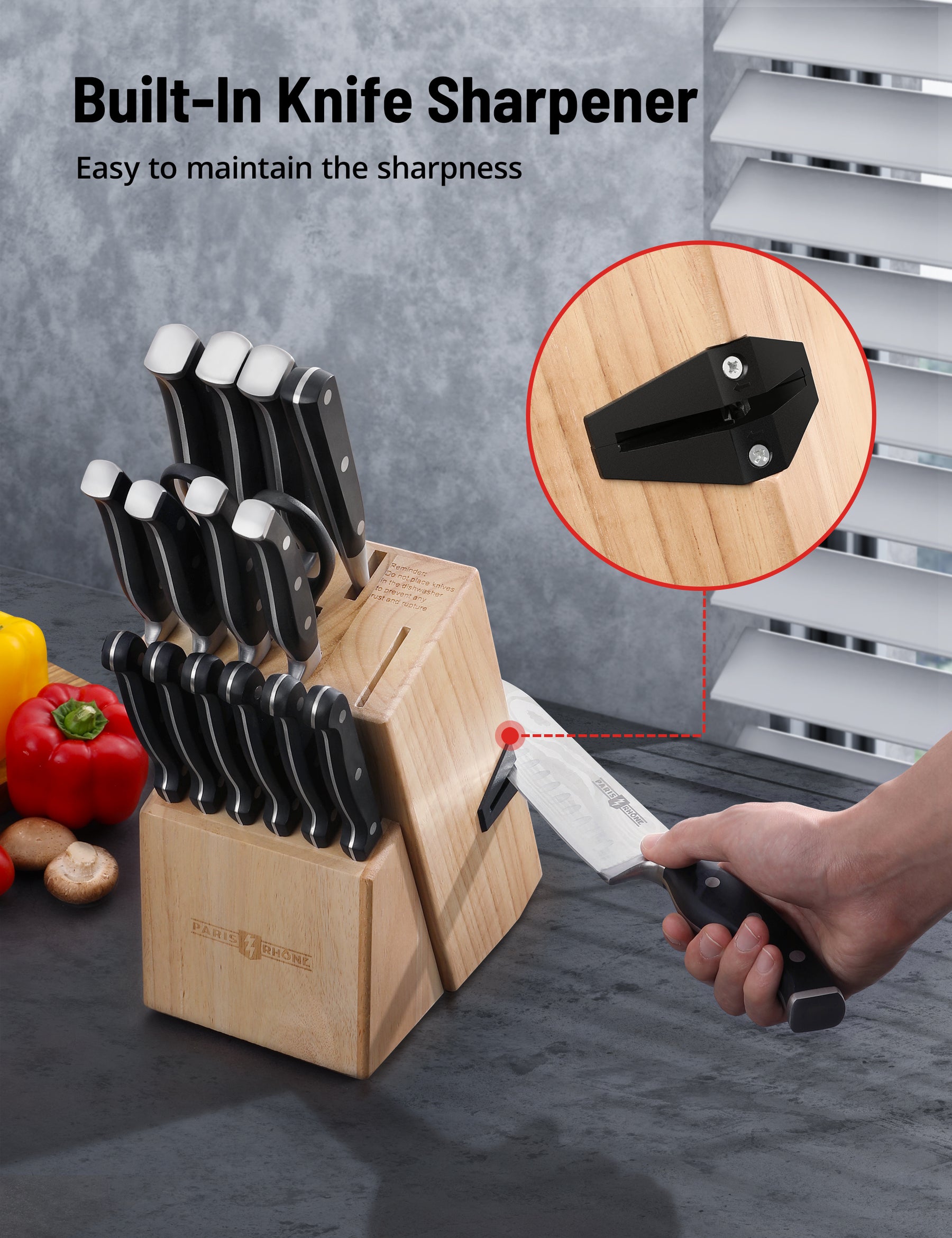 Smart Kitchen Knife Set with Block,6 Pieces Stainless Steel Knives Built-in Sharpening Rod. Smart Knife Block Keep Cleaning and drying,kitchen Smart