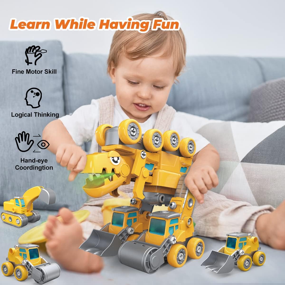 KATTUN 5 in 1 Take Apart Dinosaur Toys, 5 Construction Vehicles Transform into a Big Dinosaur Robot Toys