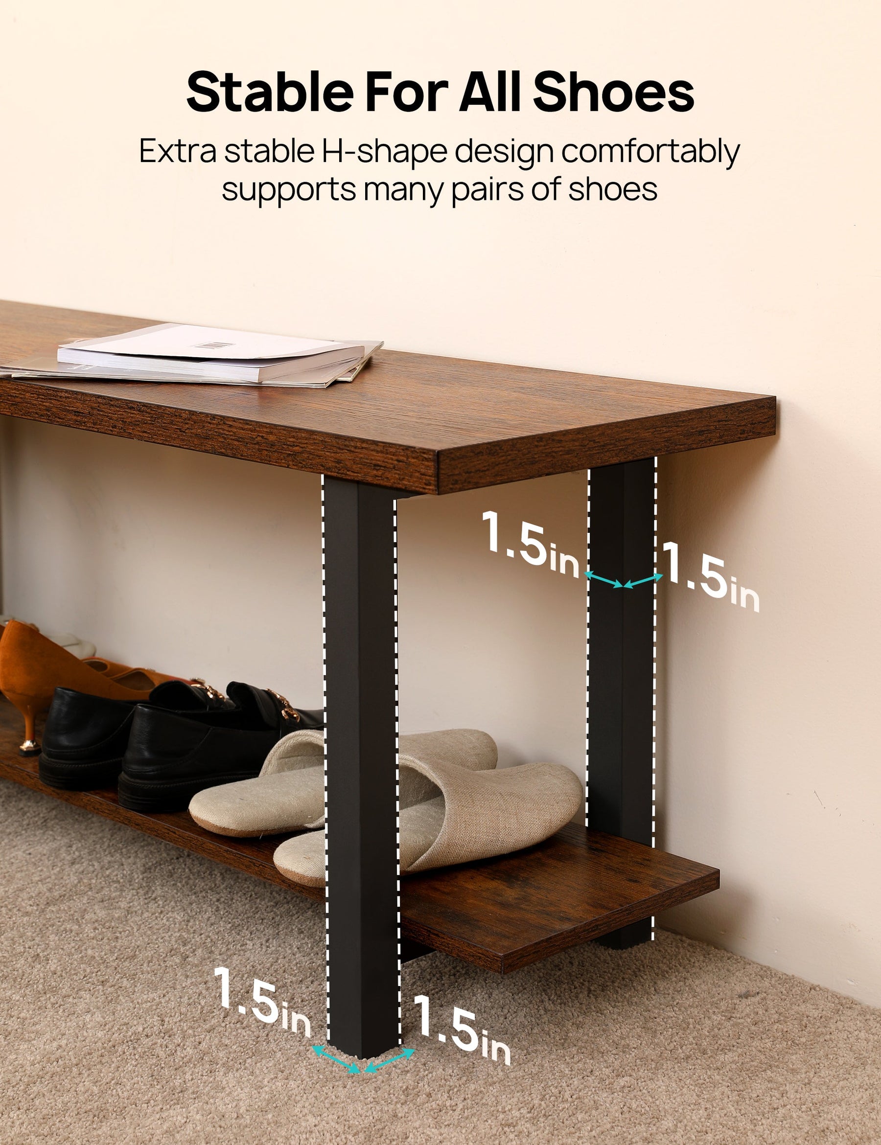 3-Tier Shoe Rack Industrial Shoe Bench with Storage Shelves-Brown