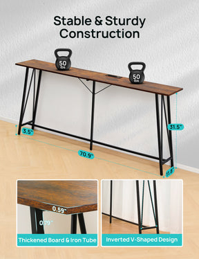 Console Table, 70.9” Industrial Sofa Table with 3 Outlets and 2 USB Ports