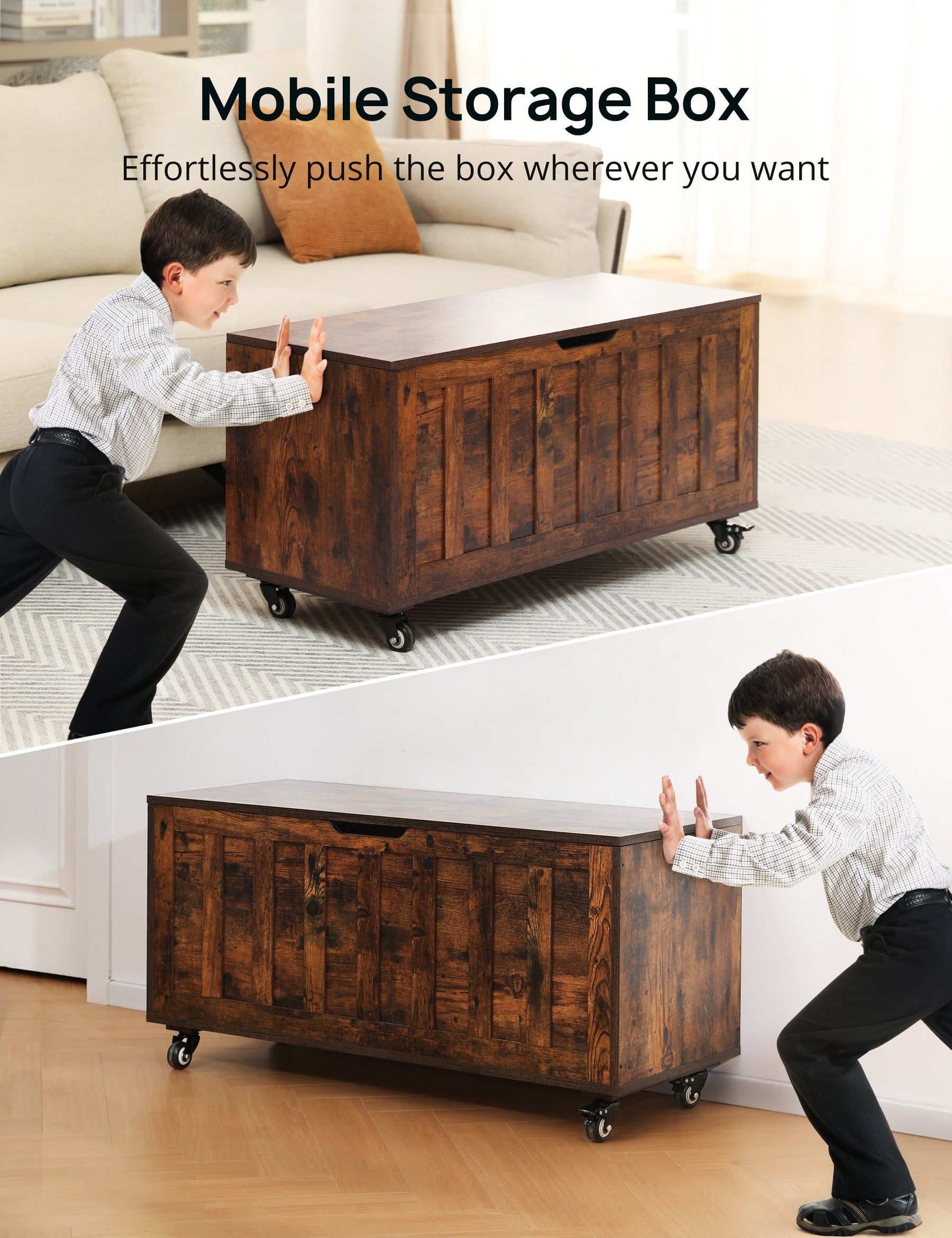 Storage Chest, 39.4'' Wooden Storage Bench with 2 Safety Hinges, Shoe Bench with Wheels