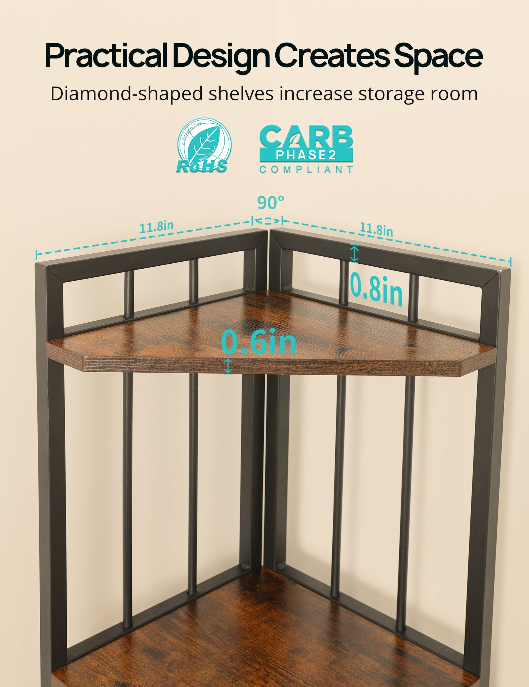 Corner Shelf 5-Tier with Storage, 71'' Industrial Rustic Tall Corner B
