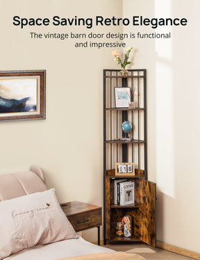 Corner Shelf 5-Tier with Storage, 71'' Industrial Rustic Tall Corner Bookshelf Stand