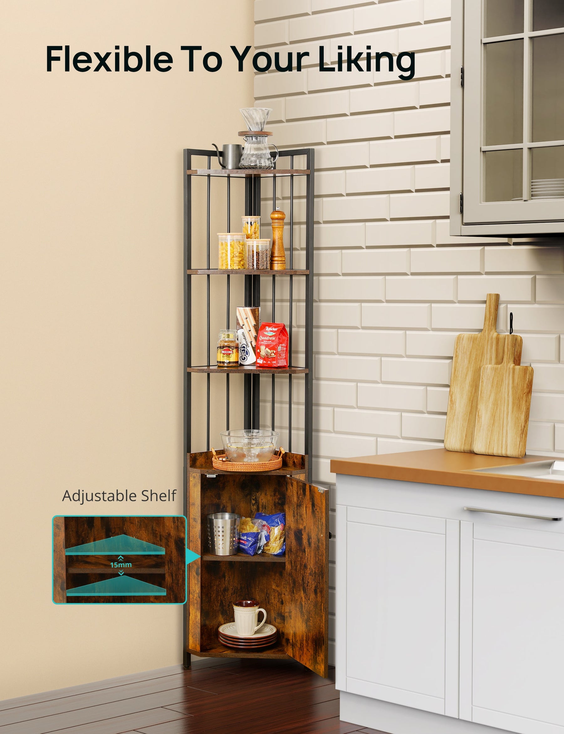 Corner Shelf 5-Tier with Storage, 71'' Industrial Rustic Tall Corner Bookshelf Stand