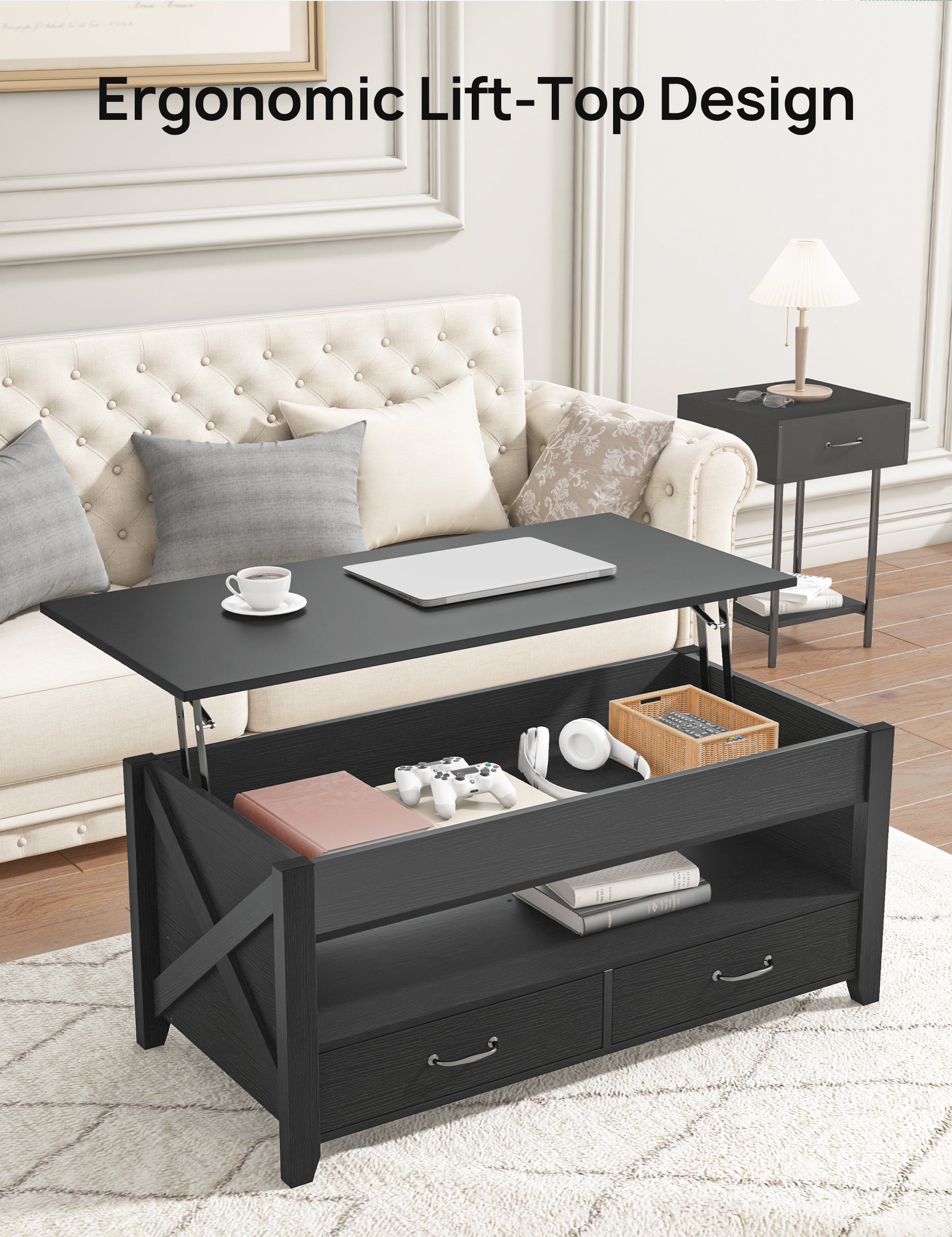 Lift Top Coffee Table, Modern Coffee Table with 2 Storage Drawers and Hidden Compartment