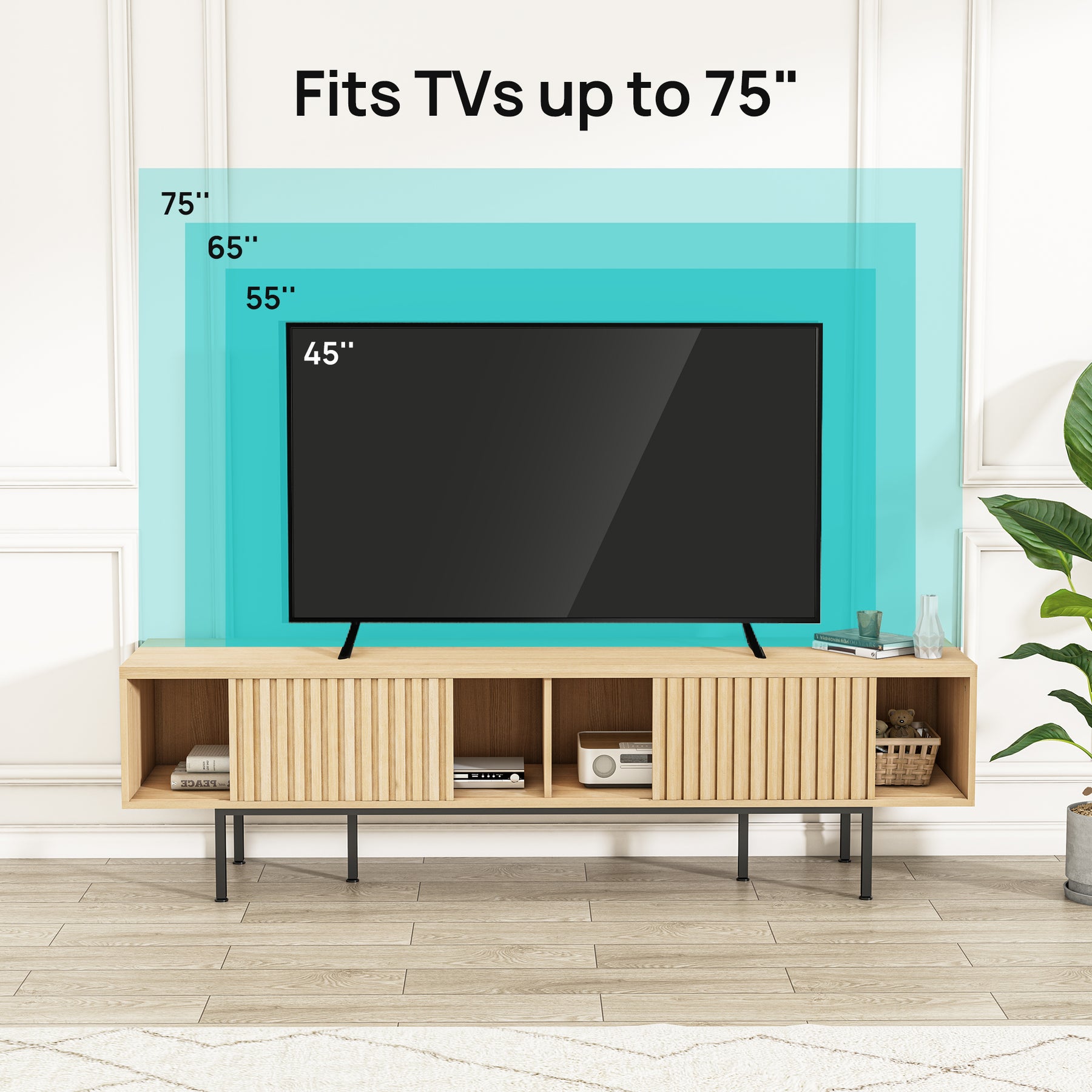 Evajoy TV Stand, Wood Entertainment Center with Storage Shelves Cabinet, 70'' Mid Century Modern Television Stand