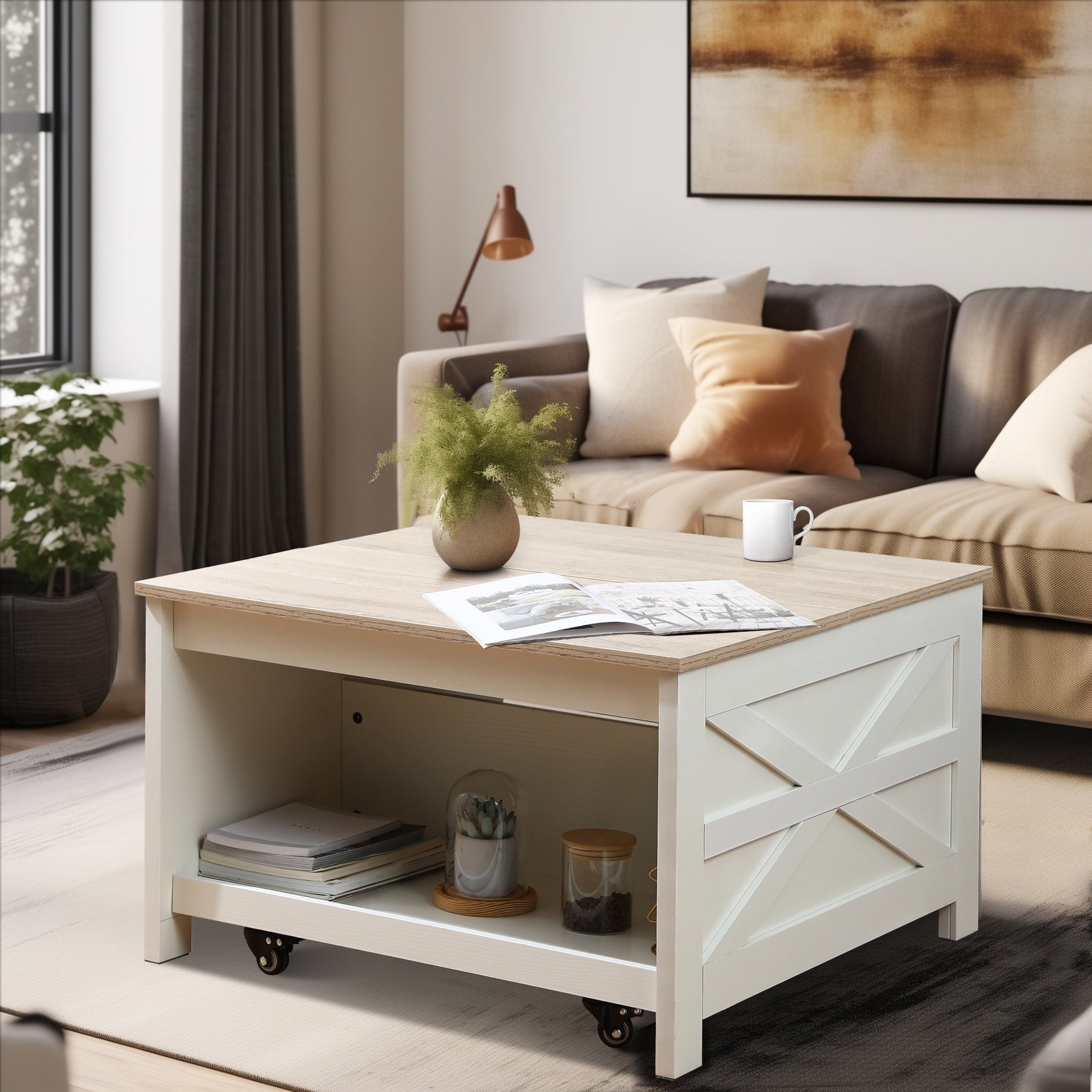 Evajoy Lift Top Coffee Table, Farmhouse Square Center Table with Storage, Dining Table with Hidden Compartment