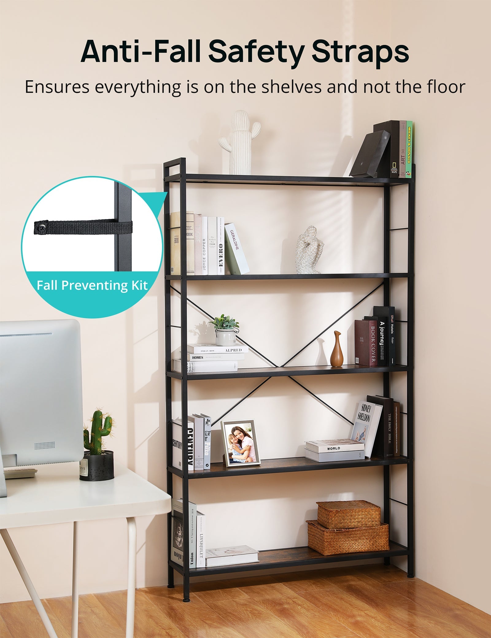 5-Shelf Bookcase, Modern Freestanding Bookshelf