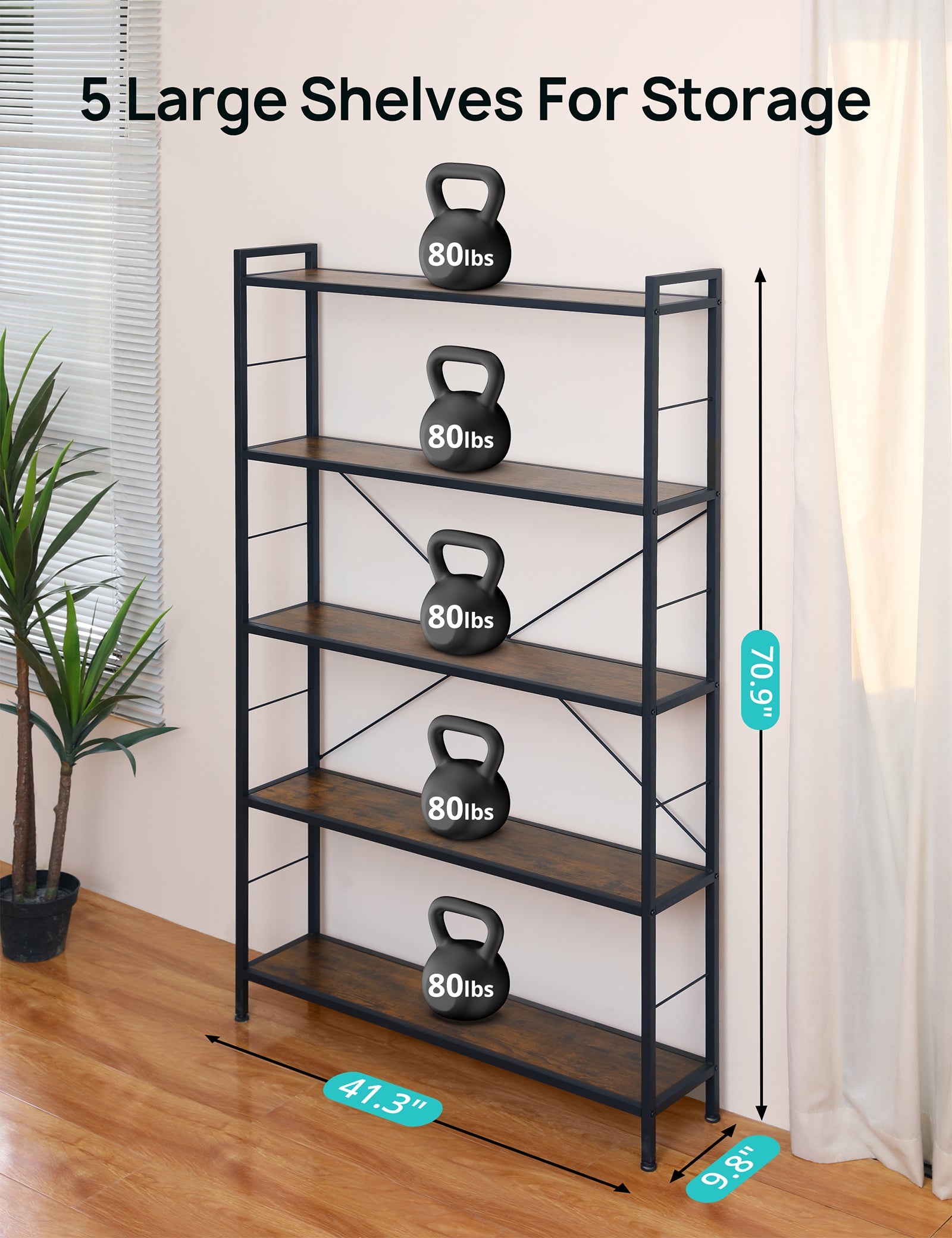 5-Shelf Bookcase, Modern Freestanding Bookshelf