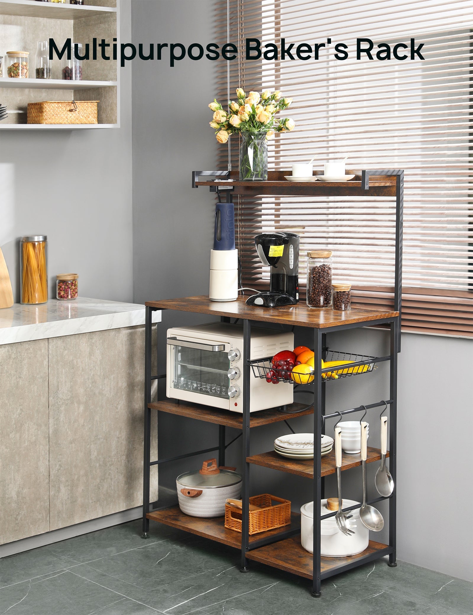 Baker's Rack with Power Outlet, 6-Tier Kitchen Storage Rack