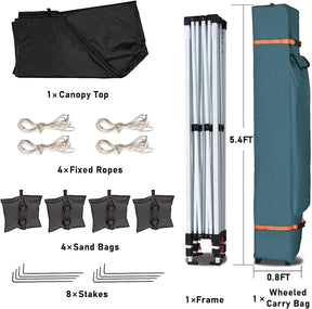 1x Canopy Top,4 4xFixed Ropes,4xSand Bags8xStakes,1xFrame, 1xWheeled Carry Bag 