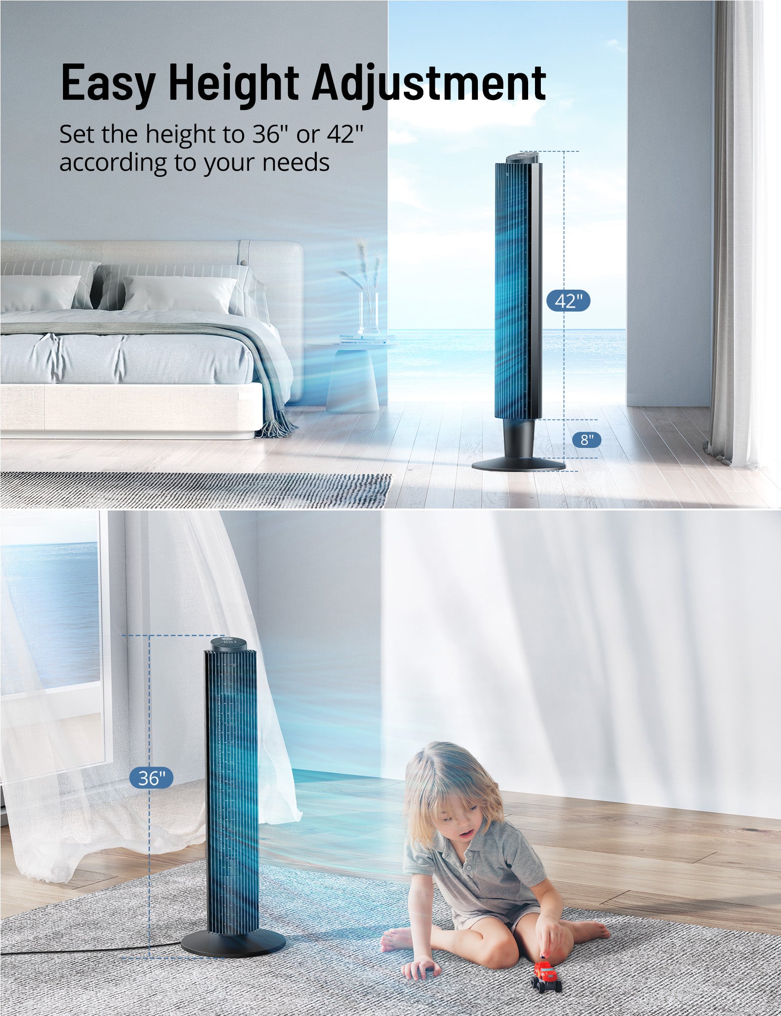 Oscillating Tower Fan TF005, 42” or 36” Height Adjustable