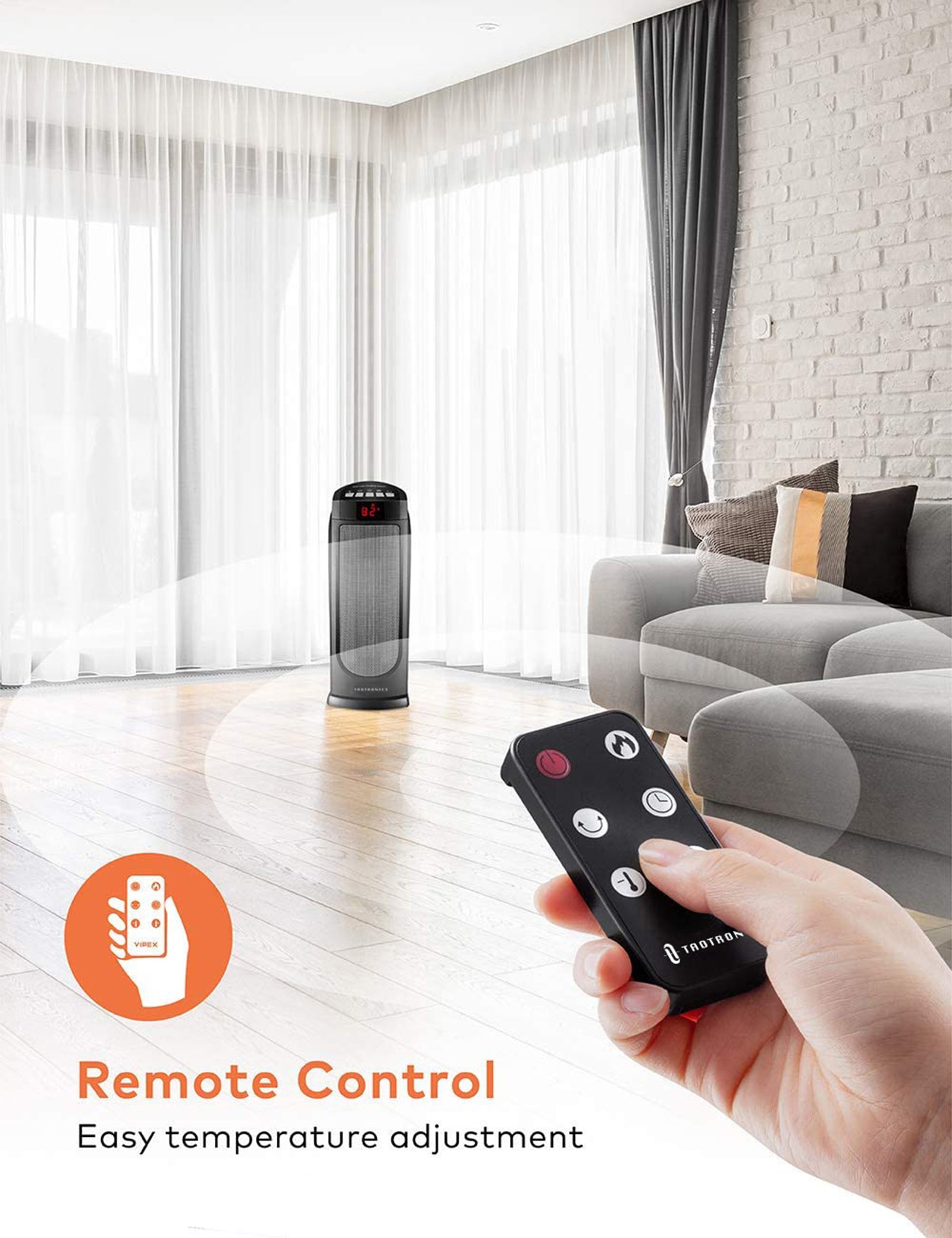 TaoTronics Space Heater, Ceramic Tower Heater with Eco Mode, Remote Control, 65° Oscillation, 12H Timer, Overheating & Tip-Over Protection, PTC Electric Heater for Bedroom/Living Room/ Office WM