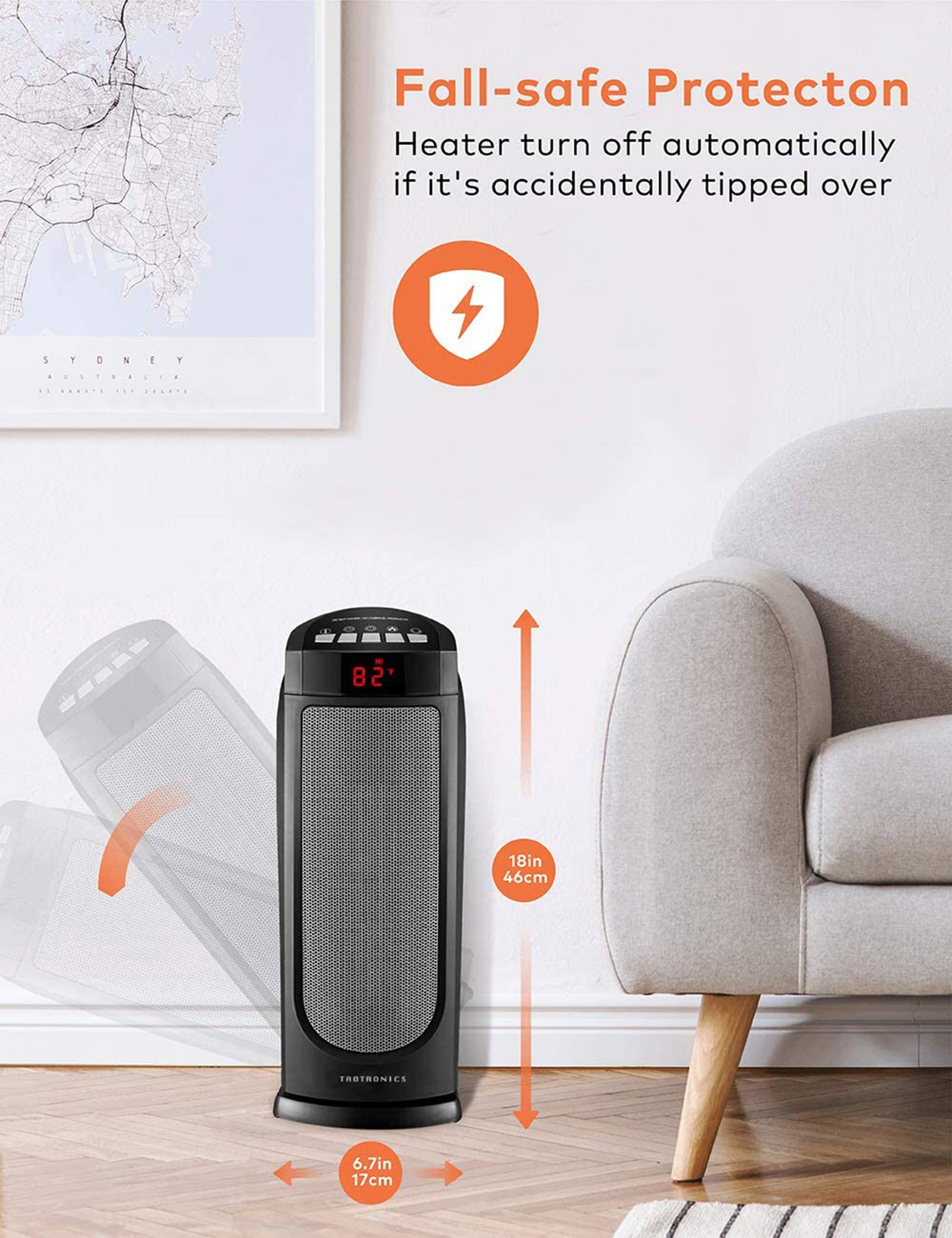 TaoTronics Space Heater, Ceramic Tower Heater with Eco Mode, Remote Control, 65° Oscillation, 12H Timer, Overheating & Tip-Over Protection, PTC Electric Heater for Bedroom/Living Room/ Office WM