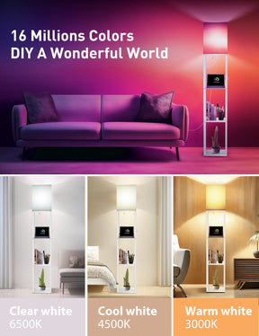 Floor Lamp with Shelves, Smart RGB Floor Lamps Work, with 2 USB Ports & 1 AC Output, Modern 4-Tier Lamp for Display Storage