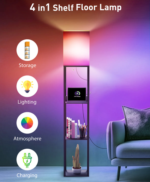 TaoTronics NB-DL003 Smart RGB Floor Lamp with Shelves, Dimmable Standing Corner Lamp with Wireless Charging, App & Voice Control
