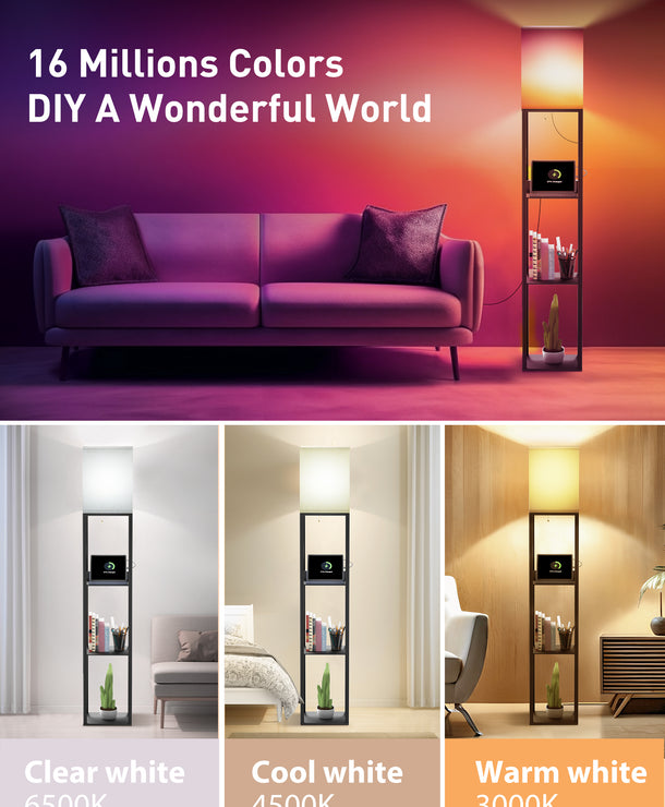 TaoTronics NB-DL003 Smart RGB Floor Lamp with Shelves, Dimmable Standing Corner Lamp with Wireless Charging, App & Voice Control