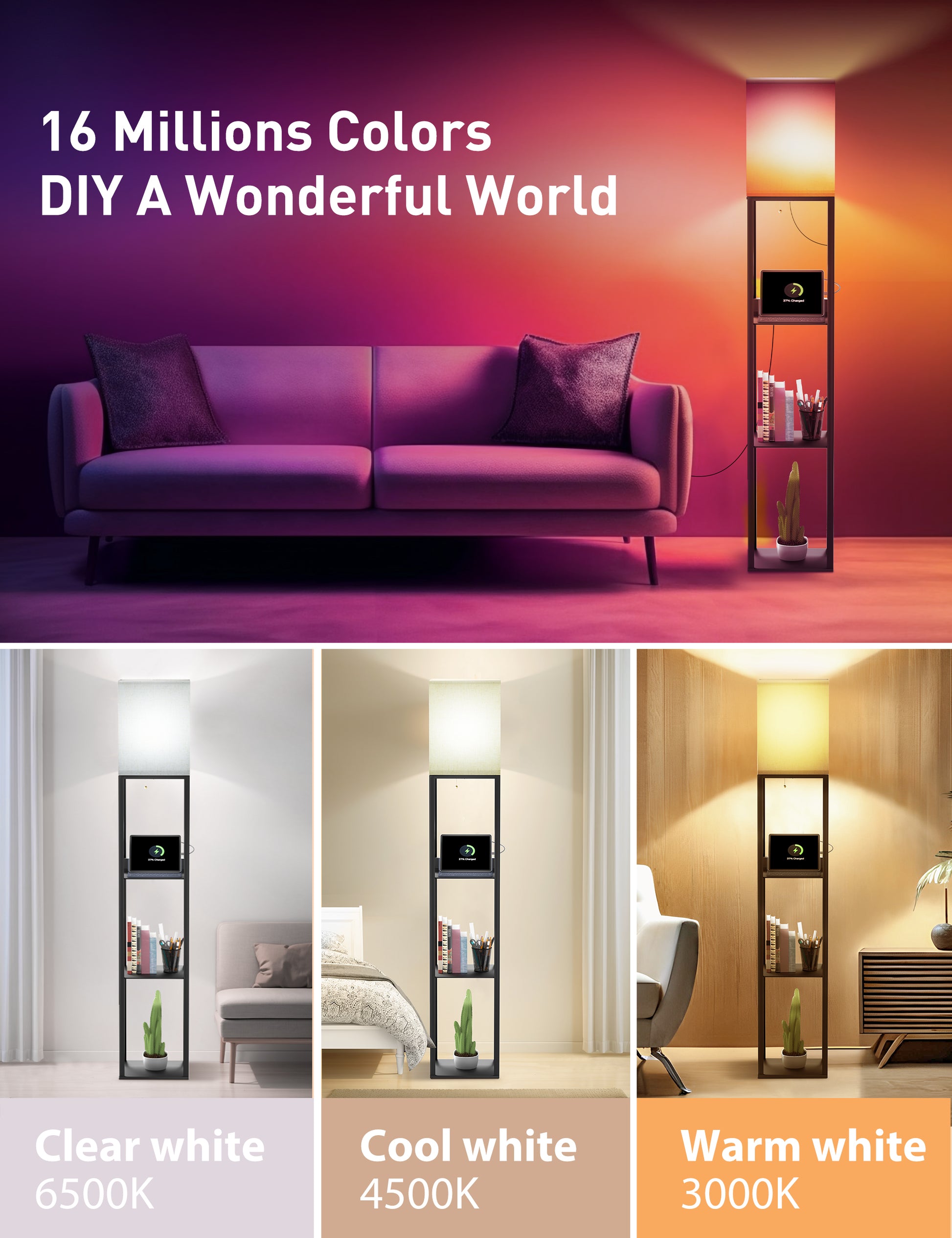 TaoTronics NB-DL003 Smart RGB Floor Lamp with Shelves, Dimmable Standing Corner Lamp with Wireless Charging, App & Voice Control