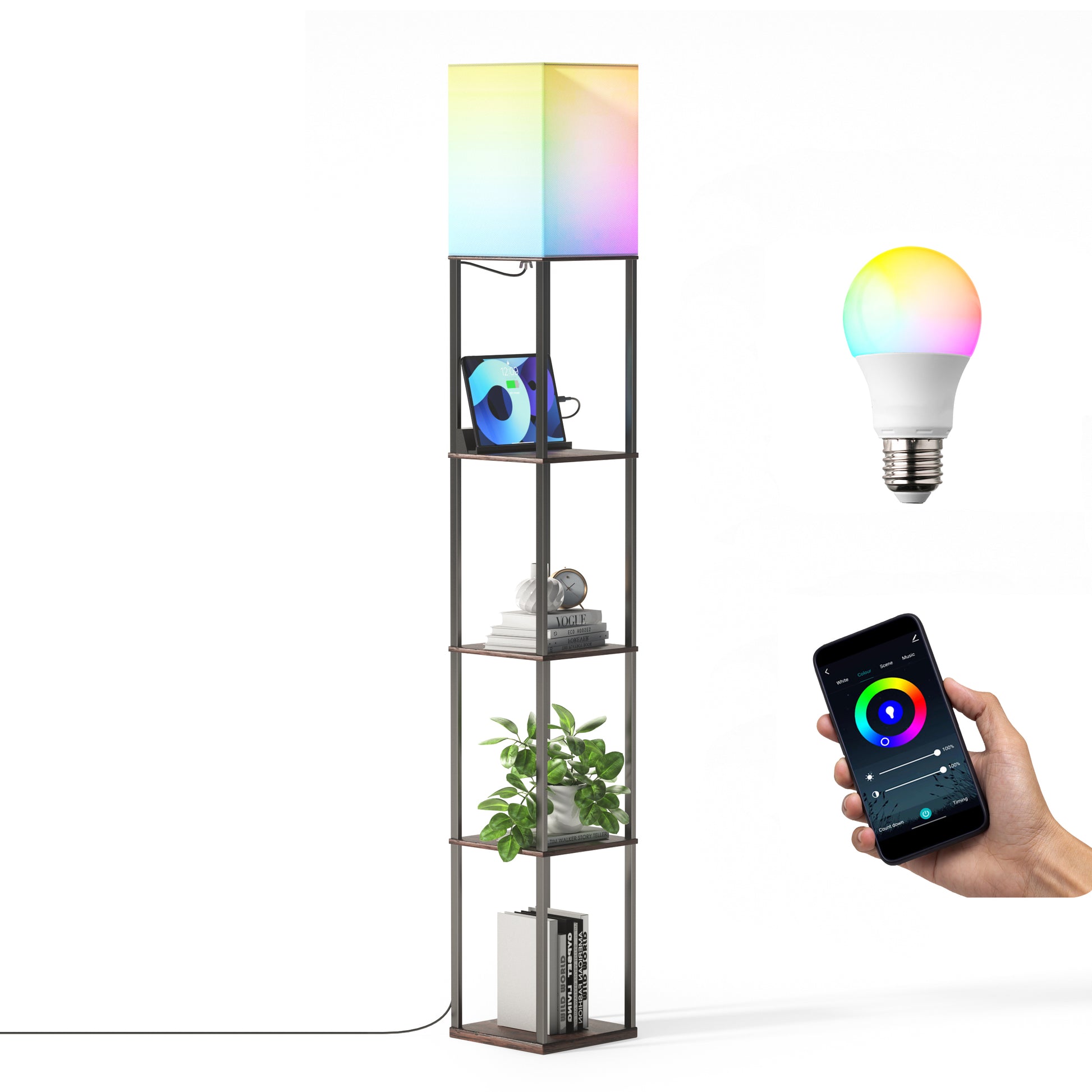 TaoTronics Smart RGB Floor Lamp with Shelves NB-DL004, Dimmable Solid Wood Standing Lamp with 1 Smart Bulb