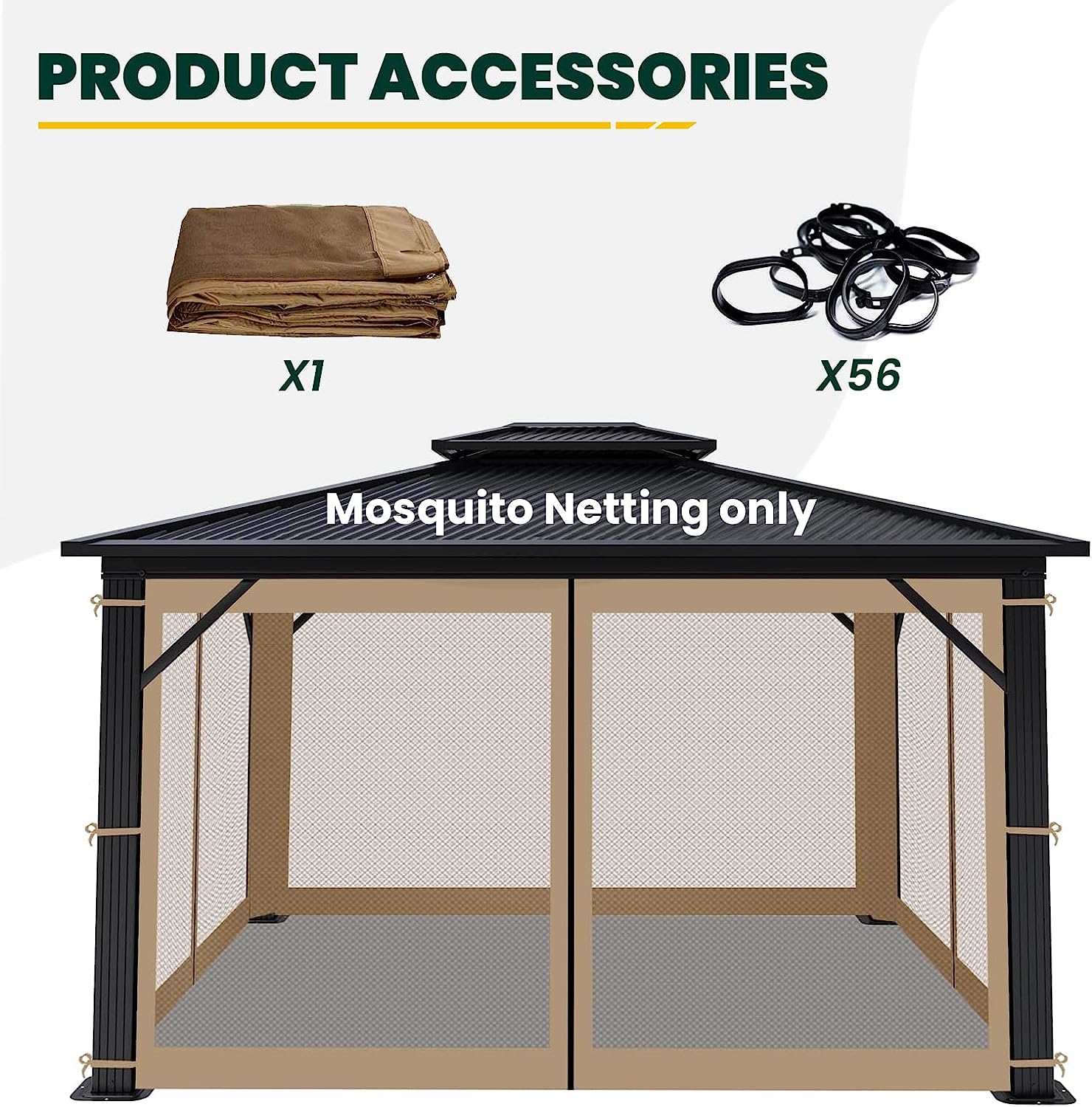 OLILAWN 10' x 12' Gazebo Universal Replacement Mosquito Netting,  Outdoor 4-Panel Sidewall Curtain