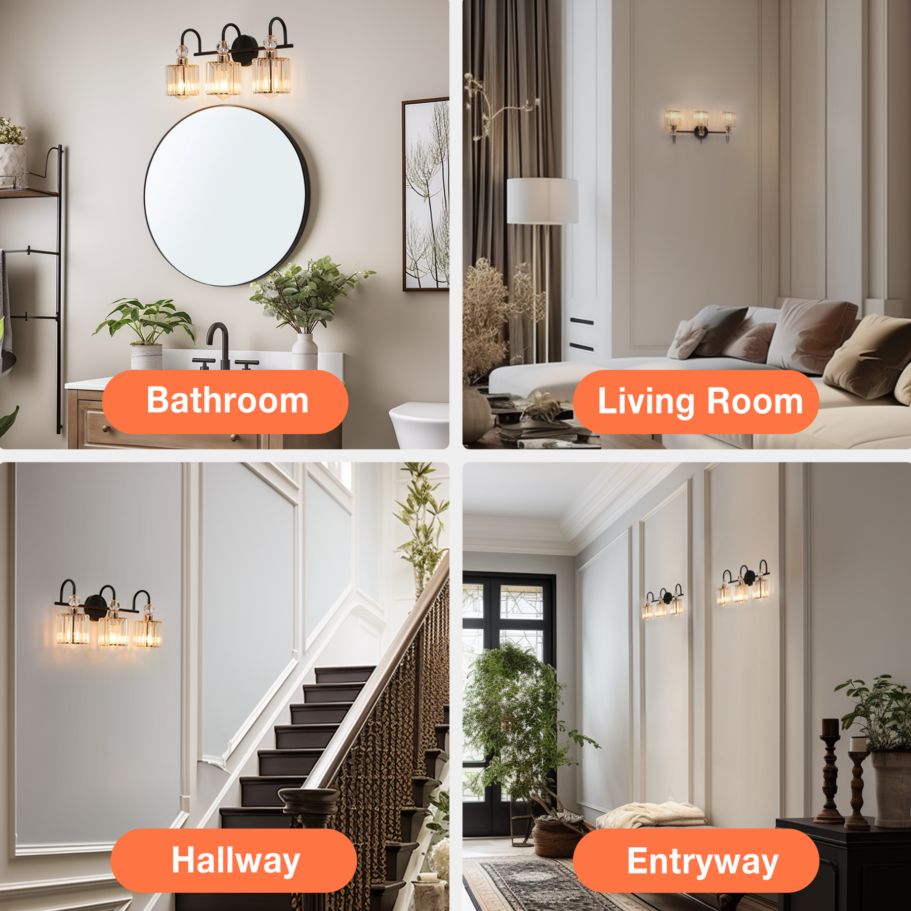 TaoTronics Black Gold Crystal 3-Light Vanity Lighting, Bathroom Vanity Lights Fixtures Over Mirror