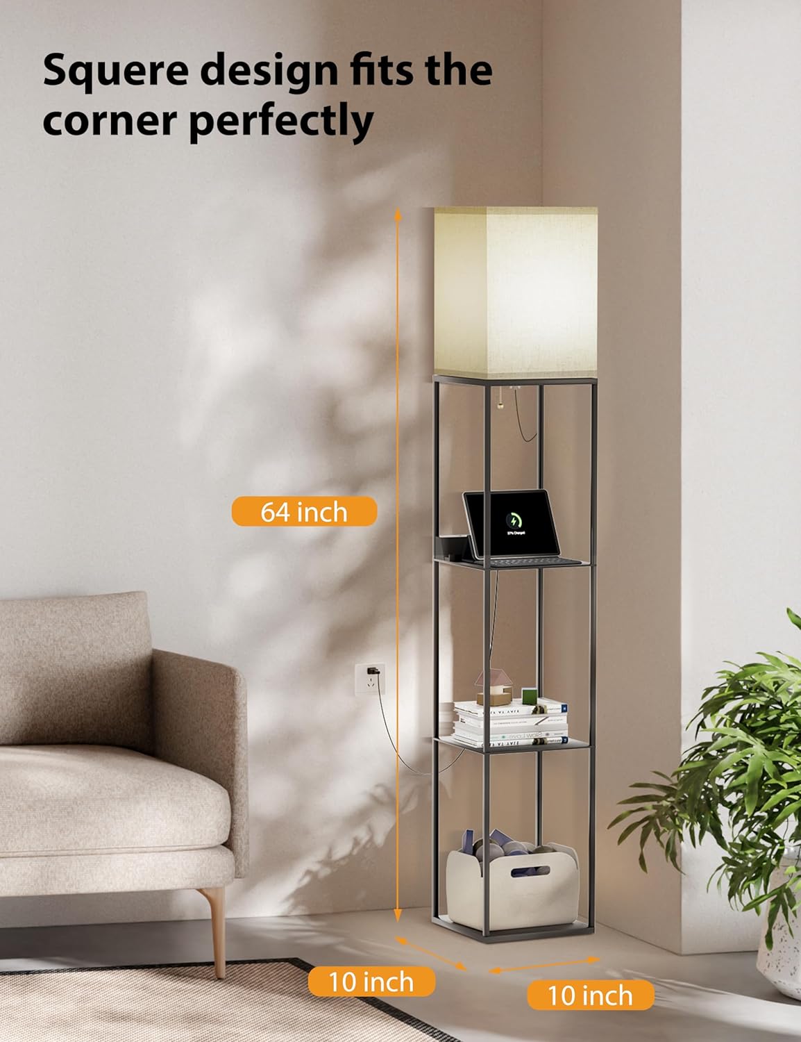 Floor Lamp with Shelves, Smart RGB Floor Lamps Work, with 2 USB Ports & 1 AC Output, Modern 4-Tier Lamp for Display Storage